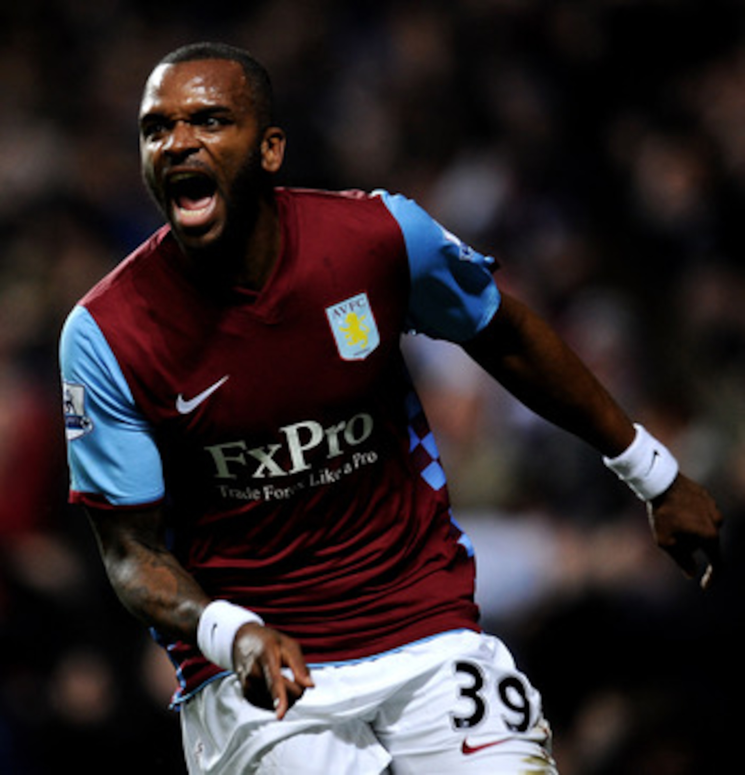 BIRMINGHAM, ENGLAND - JANUARY 22:  Darren Bent of Aston Villa celebrates after scoring the opening goal on his debut during the Barclays Premier League match between Aston Villa and Manchester City at Villa Park on January 22, 2011 in Birmingham, England.