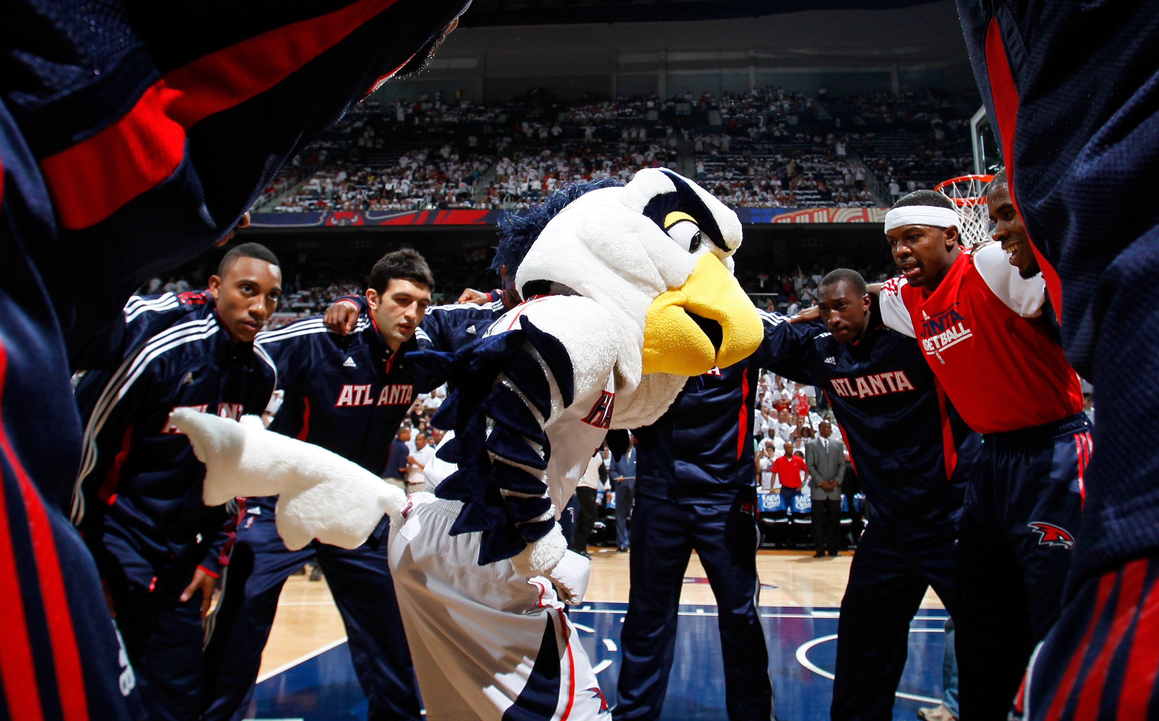 ATLANTA, GA - MAY 12:  Harry the Hawk, mascot of the Atlanta Hawks, against the Chicago Bulls in Game Six of the Eastern Conference Semifinals in the 2011 NBA Playoffs at Phillips Arena on May 12, 2011 in Atlanta, Georgia.  NOTE TO USER: User expressly ac