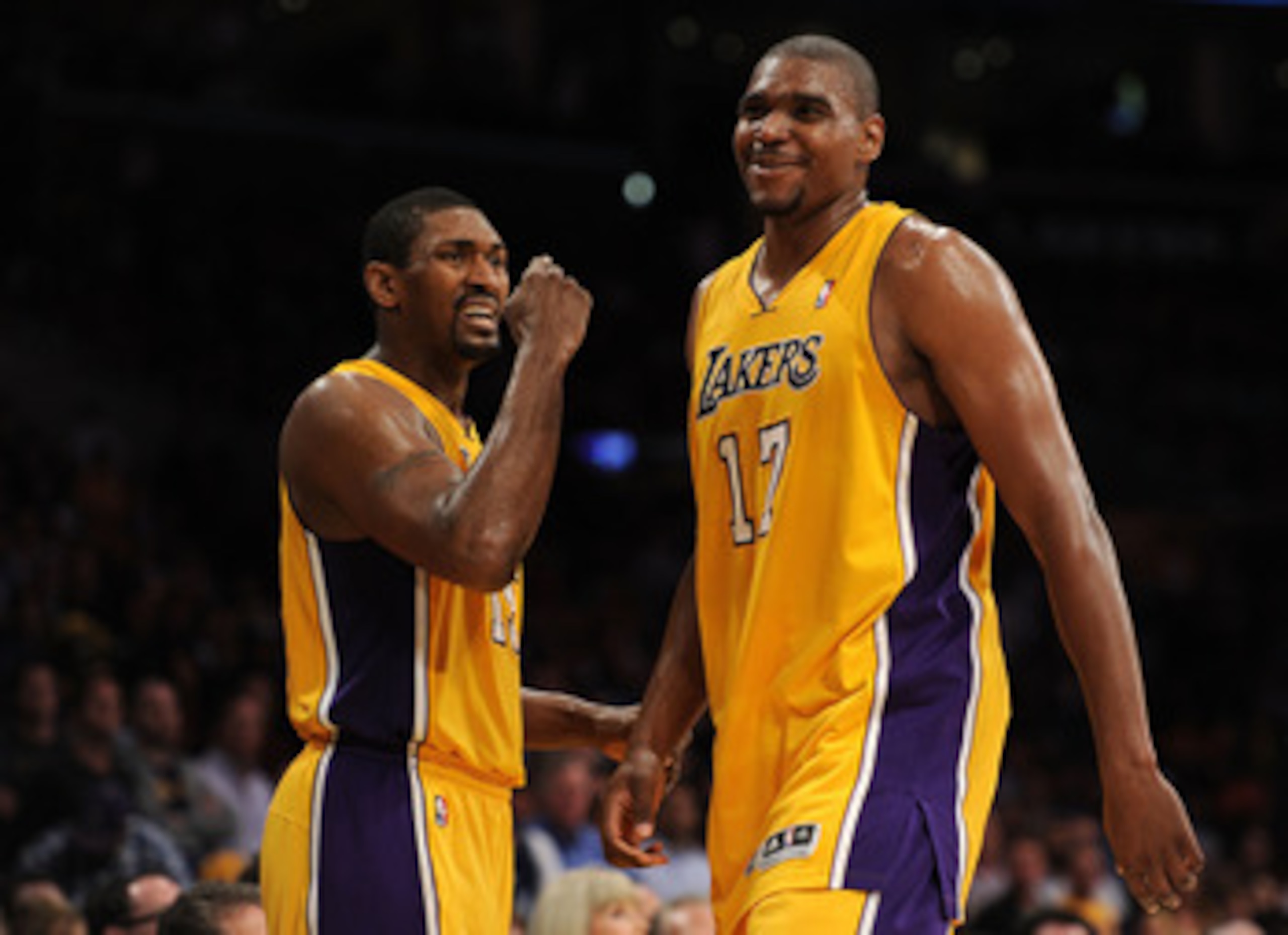LOS ANGELES, CA - APRIL 20:  Ron Artest #15 and Andrew Bynum #17 of the Los Angeles Lakers react while taking on the New Orleans Hornets in Game Two of the Western Conference Quarterfinals in the 2011 NBA Playoffs on April 20, 2011 at Staples Center in Lo
