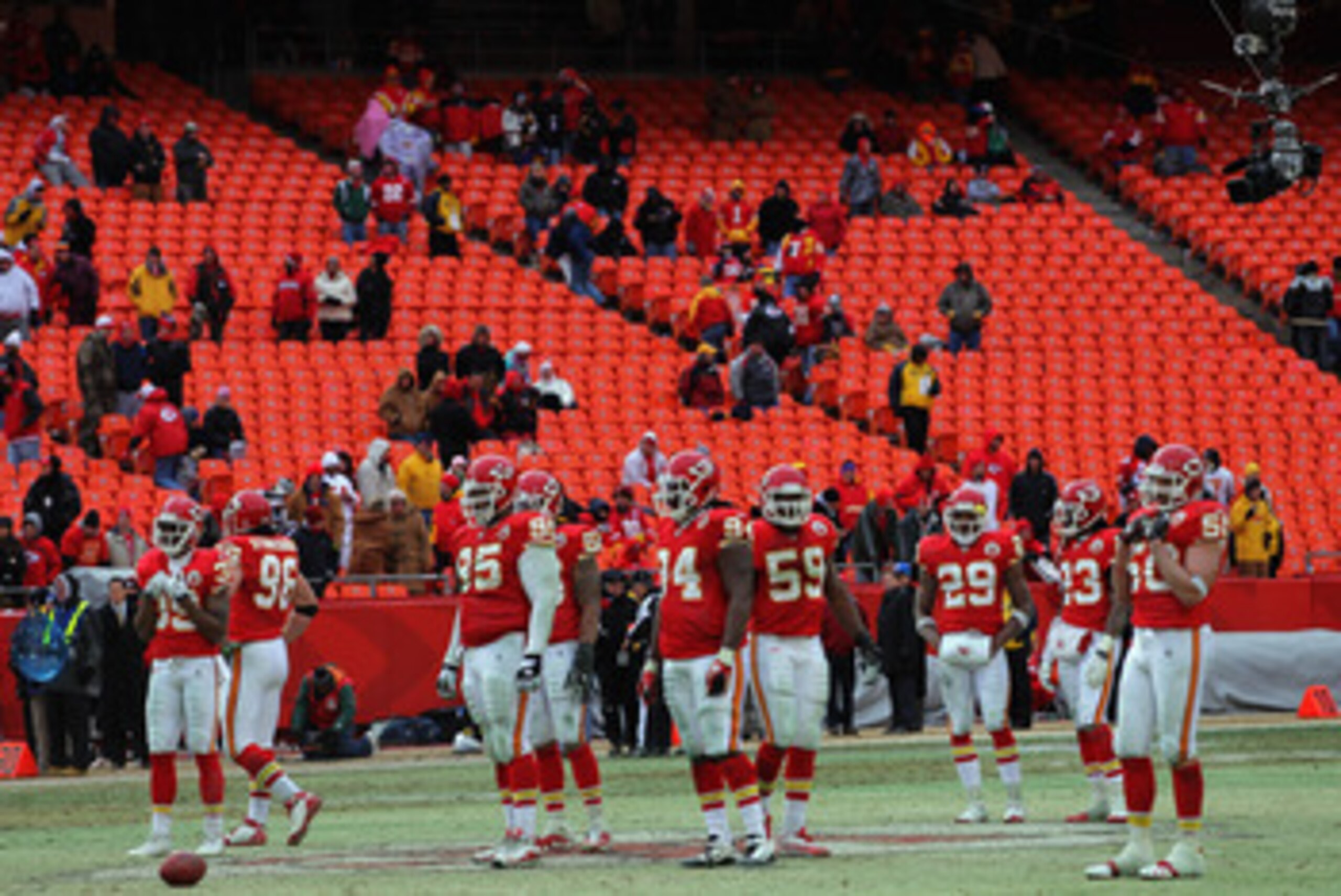 KANSAS CITY, MO - JANUARY 09:  Fans of the Kansas City Chiefs begin to leave the stadium in the final minutes as the Baltimore Ravens defeated the Chiefs 30-7 in the 2011 AFC wild card playoff game at Arrowhead Stadium on January 9, 2011 in Kansas City, M