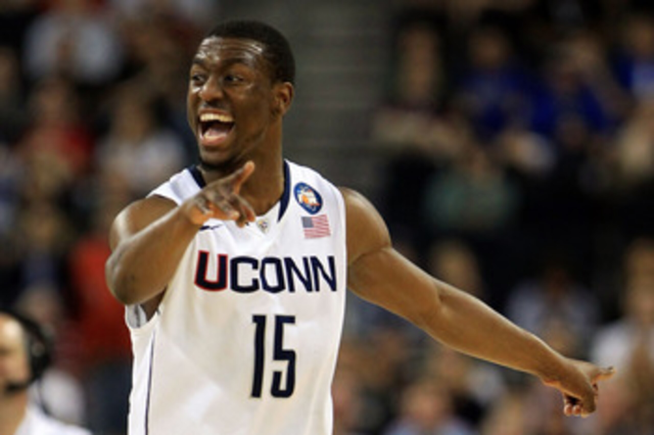 HOUSTON, TX - APRIL 04:  Kemba Walker #15 of the Connecticut Huskies reacts after a play against the Butler Bulldogs during the National Championship Game of the 2011 NCAA Division I Men's Basketball Tournament at Reliant Stadium on April 4, 2011 in Houst