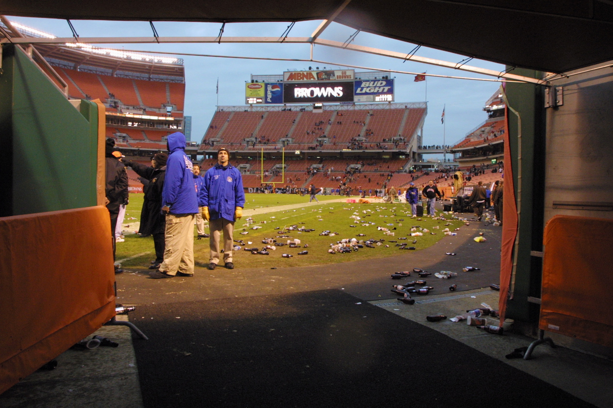 16 Dec 2001 : The field is littered with bottles and debris after fans expressed their displeasure on an officials call by throwing them late in the game between the Cleveland Browns and the Jacksonville Jaguars at Cleveland Browns Stadium in Cleveland, 16 Dec 2001 : The field is littered with bottles and debris after fans expressed their displeasure on an officials call by throwing them late in the game between the Cleveland Browns and the Jacksonville Jaguars at Cleveland Browns Stadium in Cleveland,