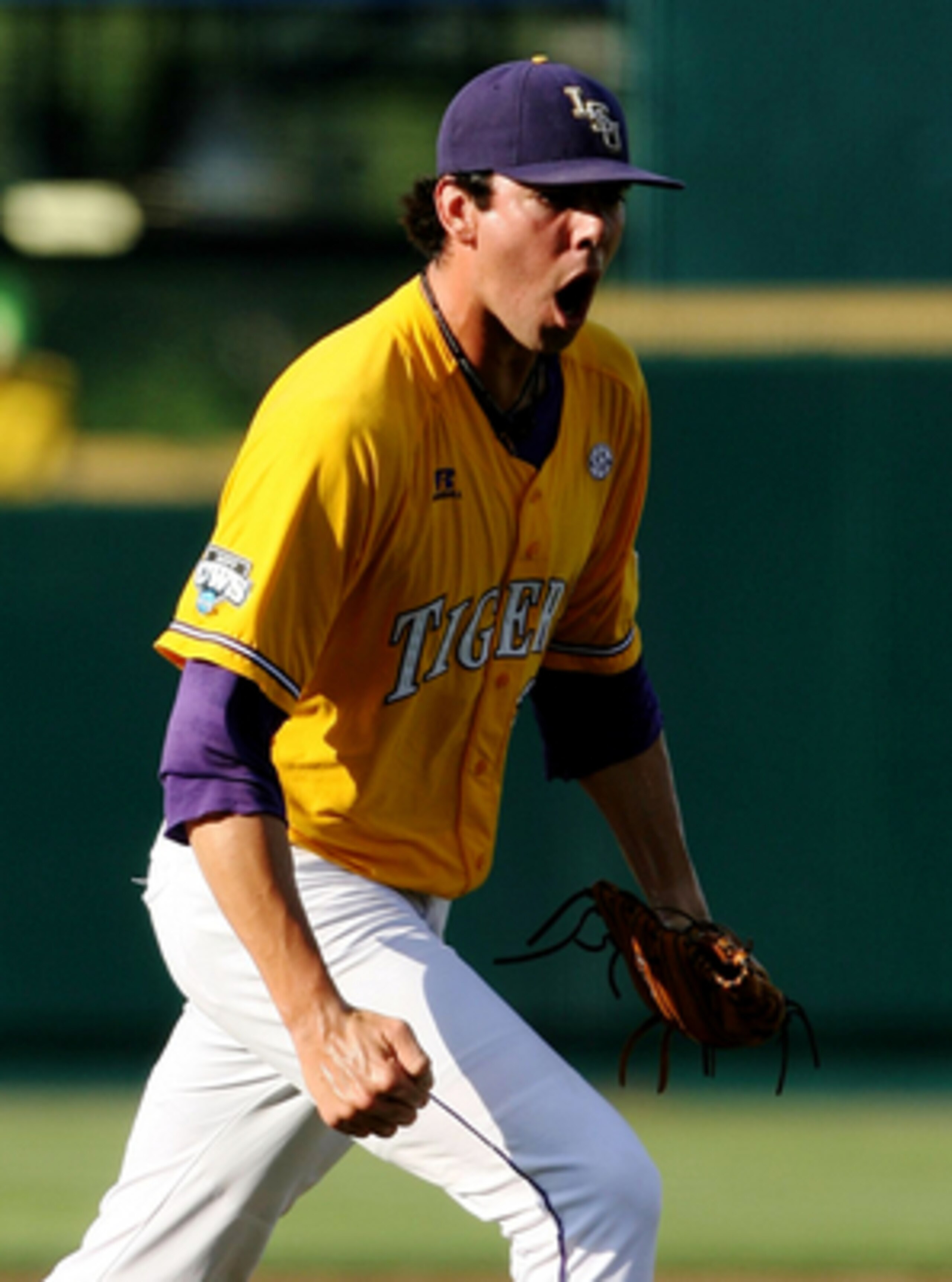 OMAHA, NE - JUNE 24:  Pitcher Anthony Ranaudo #23 of the Louisiana State University Tigers reacts after striking out Kevin Keyes #29 of the Texas Longhorns with the bases loaded in the first inning during Game 3 of the 2009 NCAA College World Series at Ro