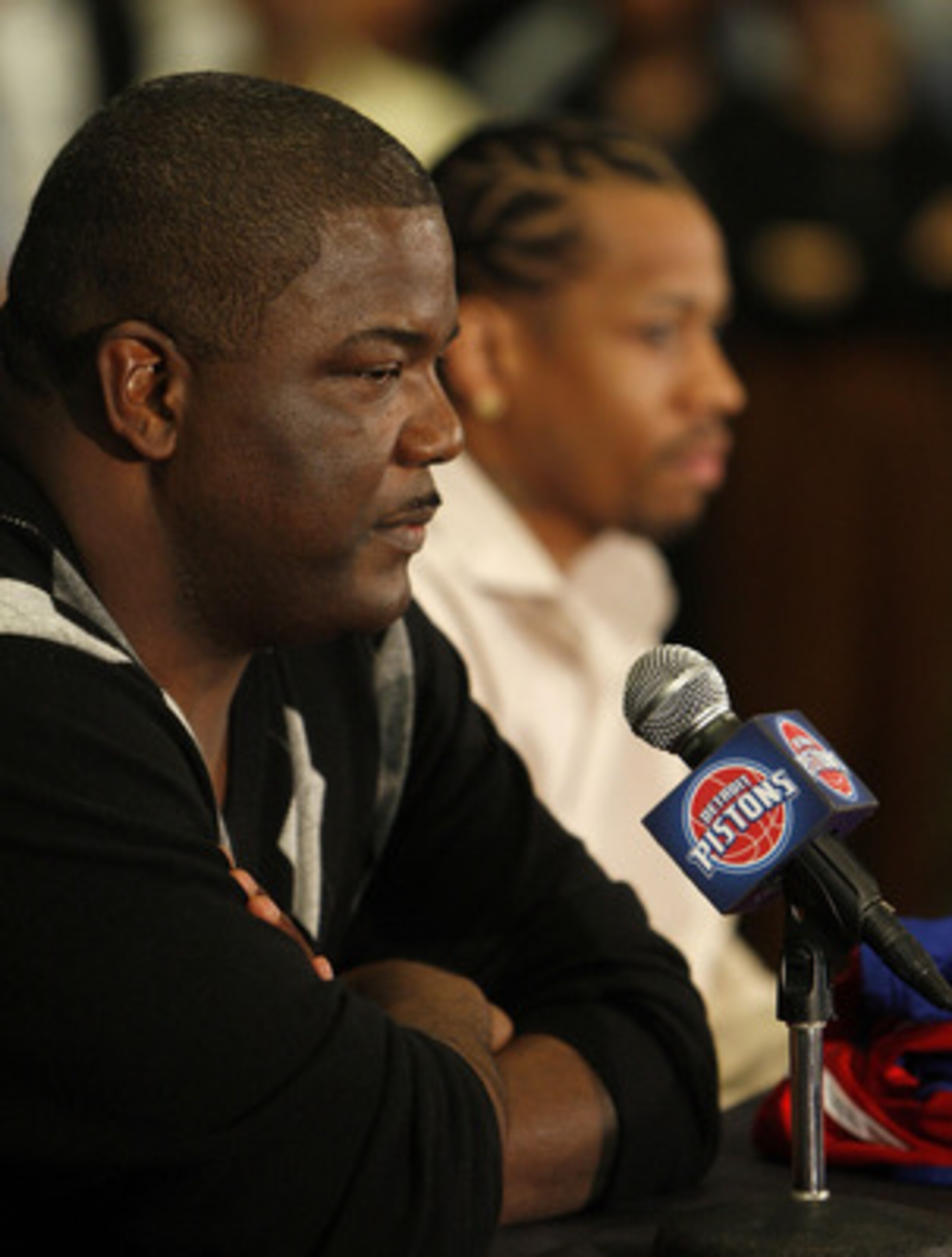 AUBURN HILLS, MI - NOVEMBER 04: President of Basketball Operations Joe Dumars of the Detroit Pistons introduces Allen Iverson #1 at press conference after being traded from the Denver Nuggets on November 4, 2008 at the Palace of Auburn Hills in Auburn Hi AUBURN HILLS, MI - NOVEMBER 04: President of Basketball Operations Joe Dumars of the Detroit Pistons introduces Allen Iverson #1 at press conference after being traded from the Denver Nuggets on November 4, 2008 at the Palace of Auburn Hills in Auburn Hi