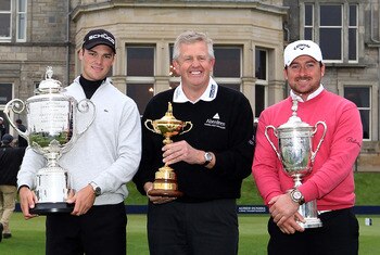 ST ANDREWS, SCOTLAND - OCTOBER 08:  Europe winners pose with their trophies in front of the Royal & Ancient Clubhouse,  L-R: Martin Kaymer of Germany holds the Wanamaker trophy for winning the US PGA Championships, European Team captain Colin Montgomerie
