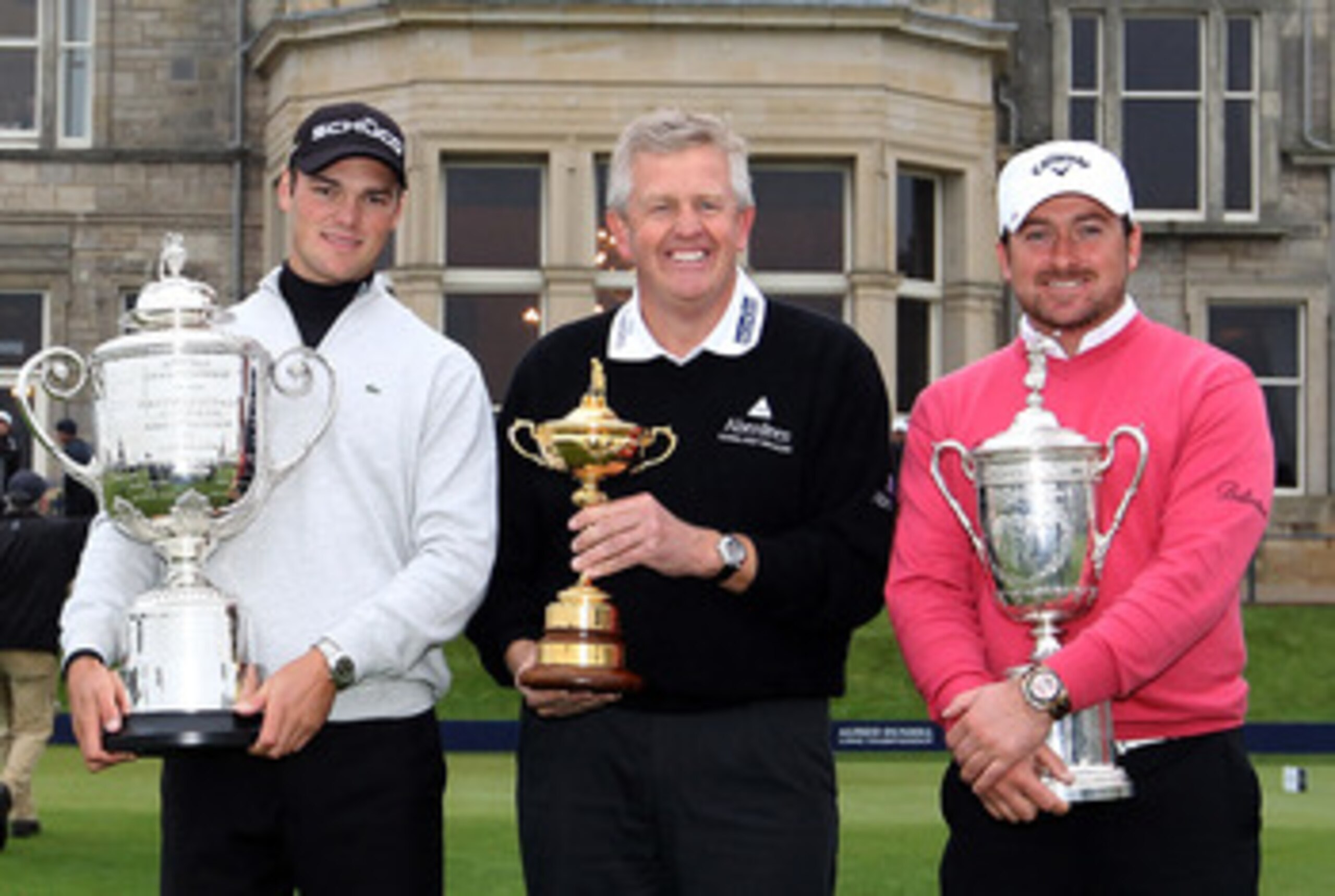ST ANDREWS, SCOTLAND - OCTOBER 08:  Europe winners pose with their trophies in front of the Royal & Ancient Clubhouse,  L-R: Martin Kaymer of Germany holds the Wanamaker trophy for winning the US PGA Championships, European Team captain Colin Montgomerie