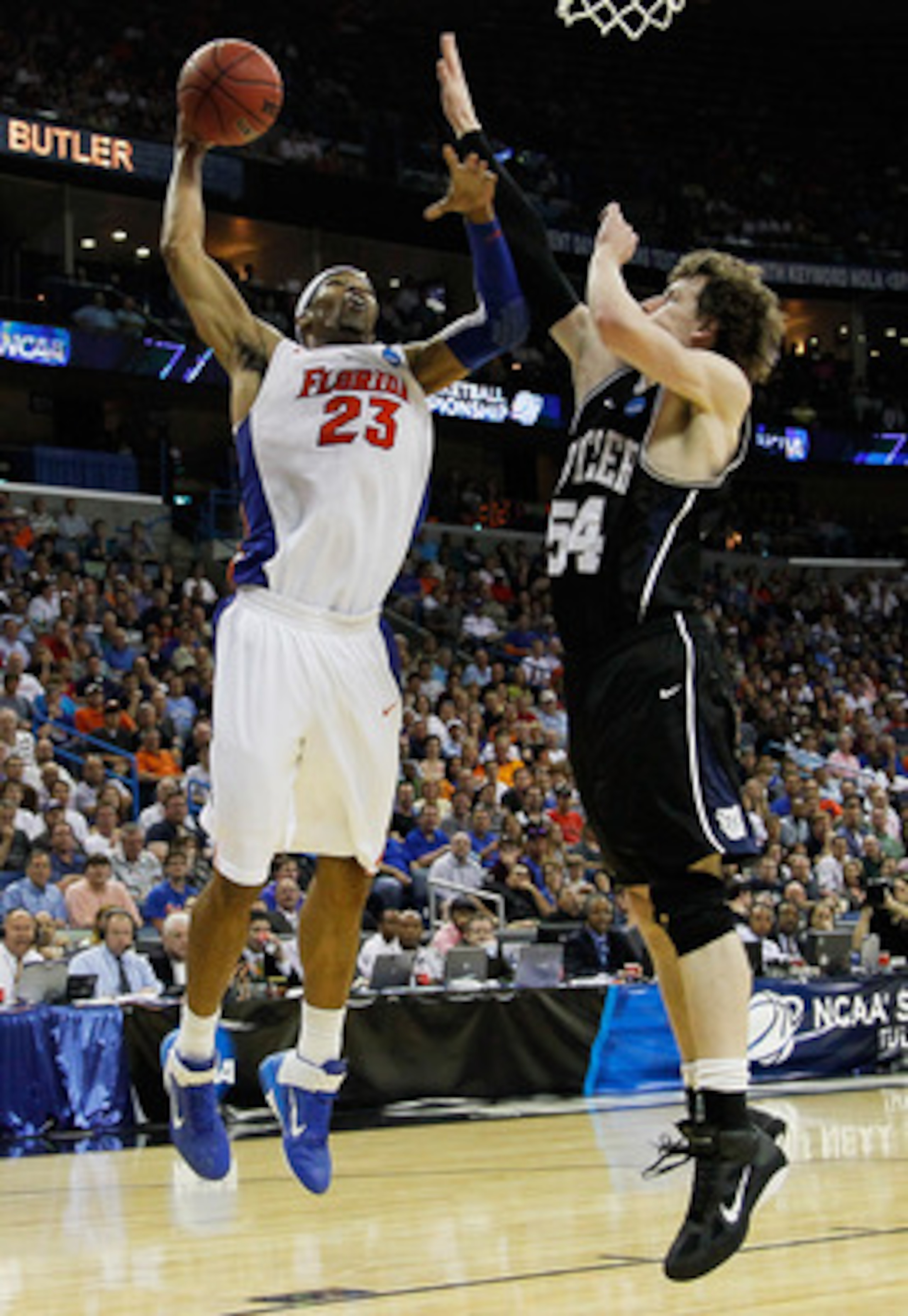 NEW ORLEANS, LA - MARCH 26:  Alex Tyus #23 of the Florida Gators shoots over Matt Howard #54 of the Butler Bulldogs during the Southeast regional final of the 2011 NCAA men's basketball tournament at New Orleans Arena on March 26, 2011 in New Orleans, Lou
