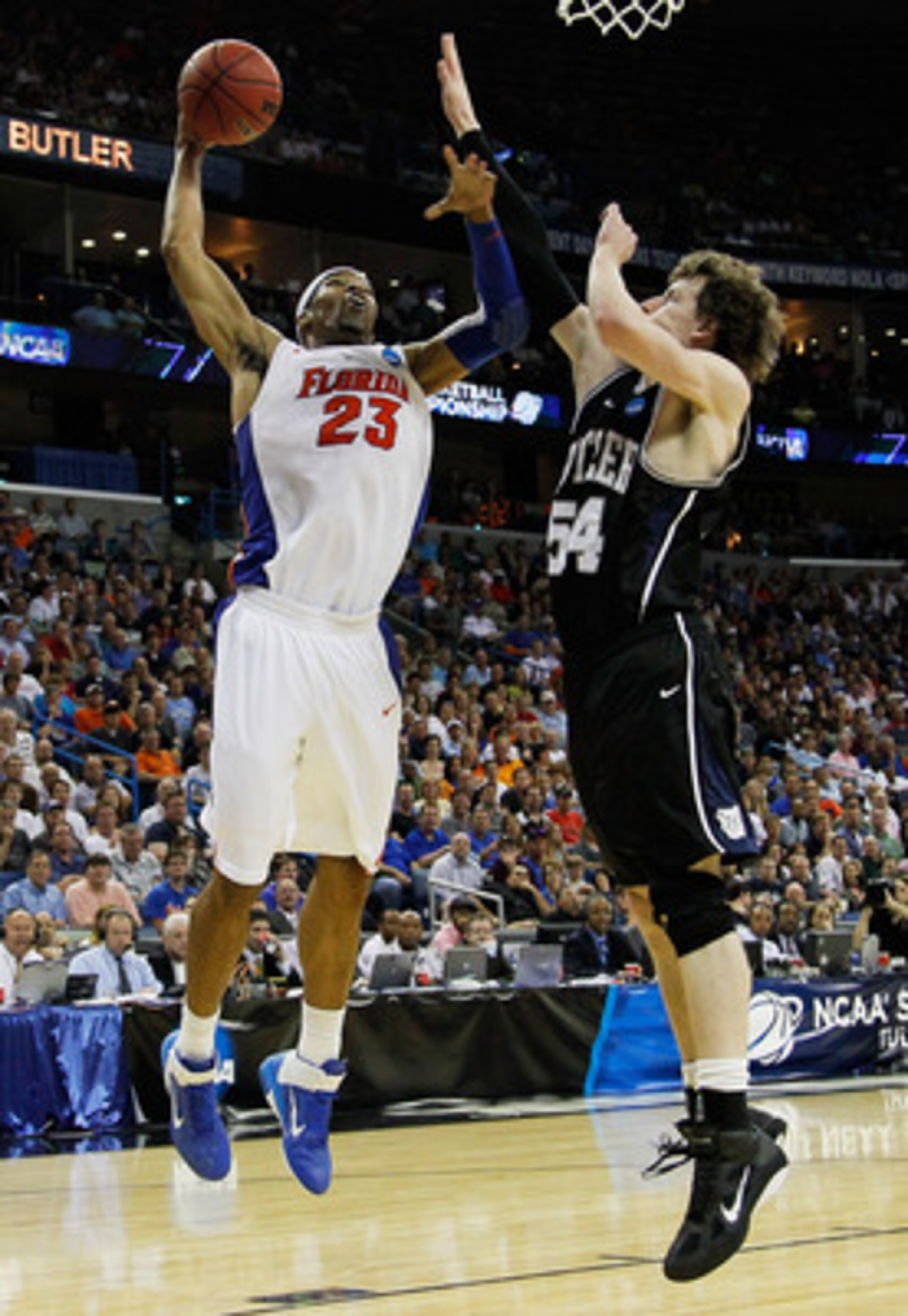 NEW ORLEANS, LA - MARCH 26:  Alex Tyus #23 of the Florida Gators shoots over Matt Howard #54 of the Butler Bulldogs during the Southeast regional final of the 2011 NCAA men's basketball tournament at New Orleans Arena on March 26, 2011 in New Orleans, Lou
