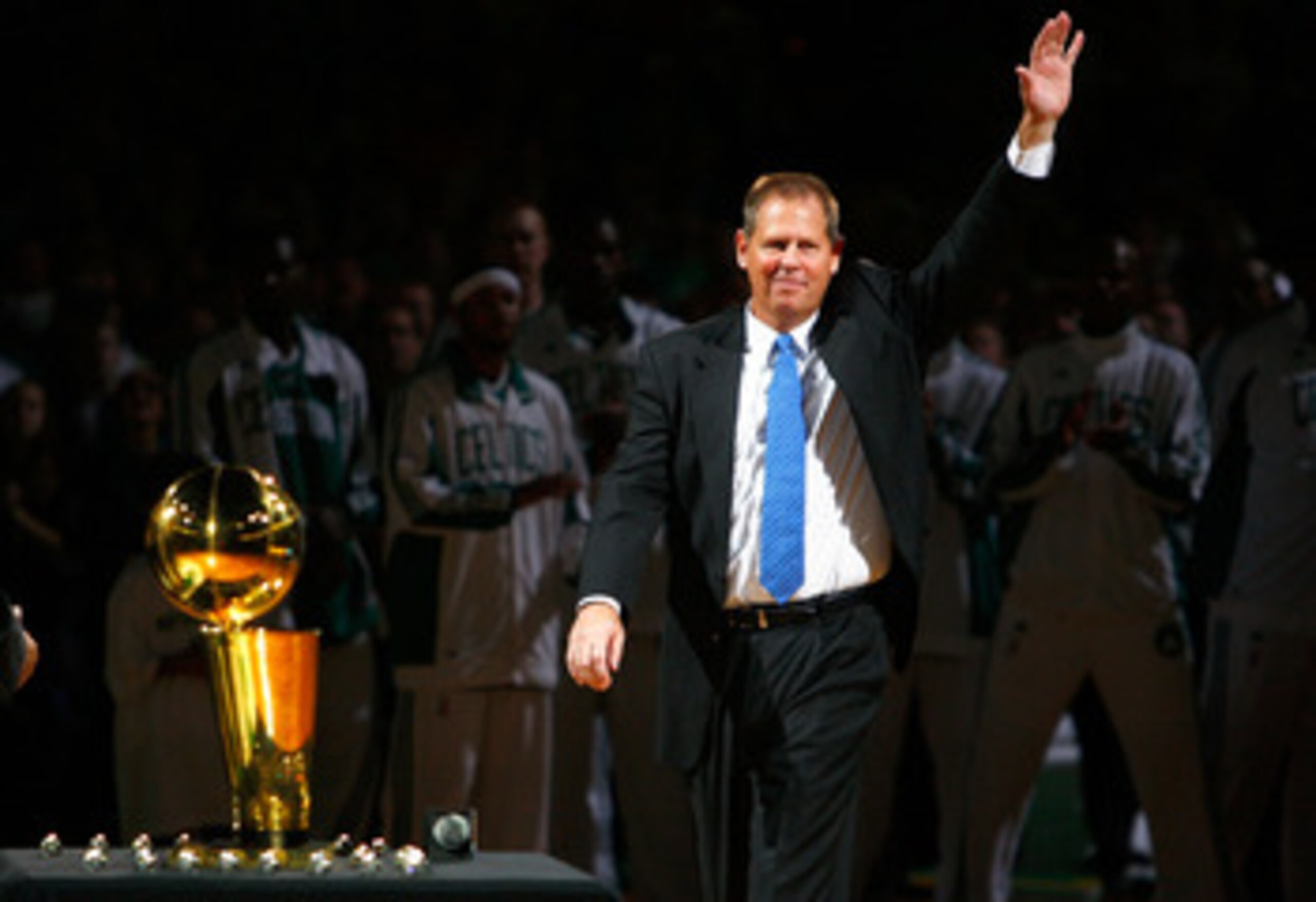 BOSTON, MA - OCTOBER 28: The Boston Celtics President Danny Ainge waves during the 2008 NBA World Championship ceremony before a game against the Cleveland Cavaliers at the TD Banknorth Garden on October 28, 2008 in Boston, Massachusetts. NOTE TO USER: Us