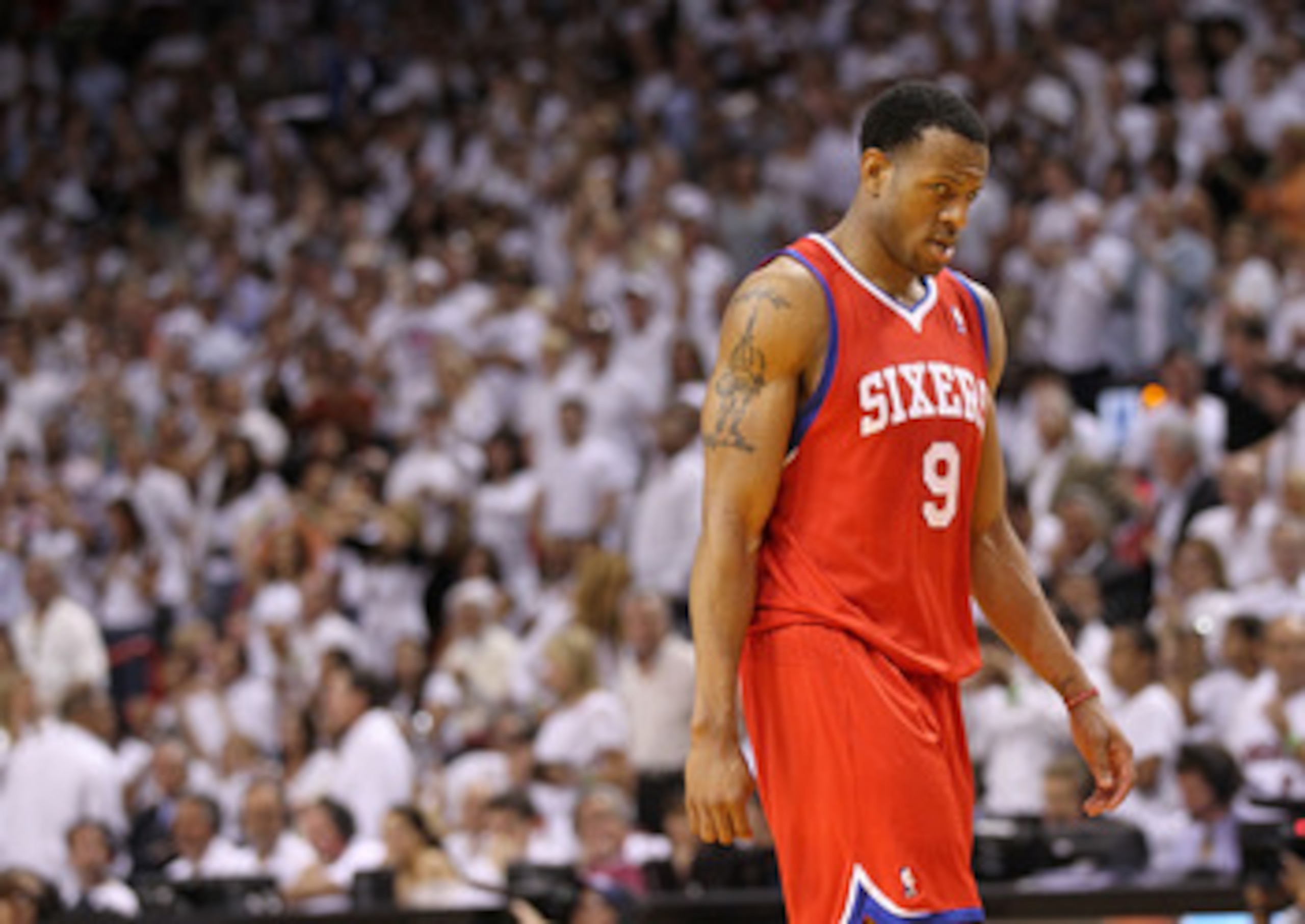 MIAMI, FL - APRIL 27:  Andre Iguodala #9 of the Philadelphia 76ers walks off the floor during game five of the Eastern Conference Quarterfinals in the 2011 NBA Playoffs against the Miami Heat at American Airlines Arena on April 27, 2011 in Miami, Florida.