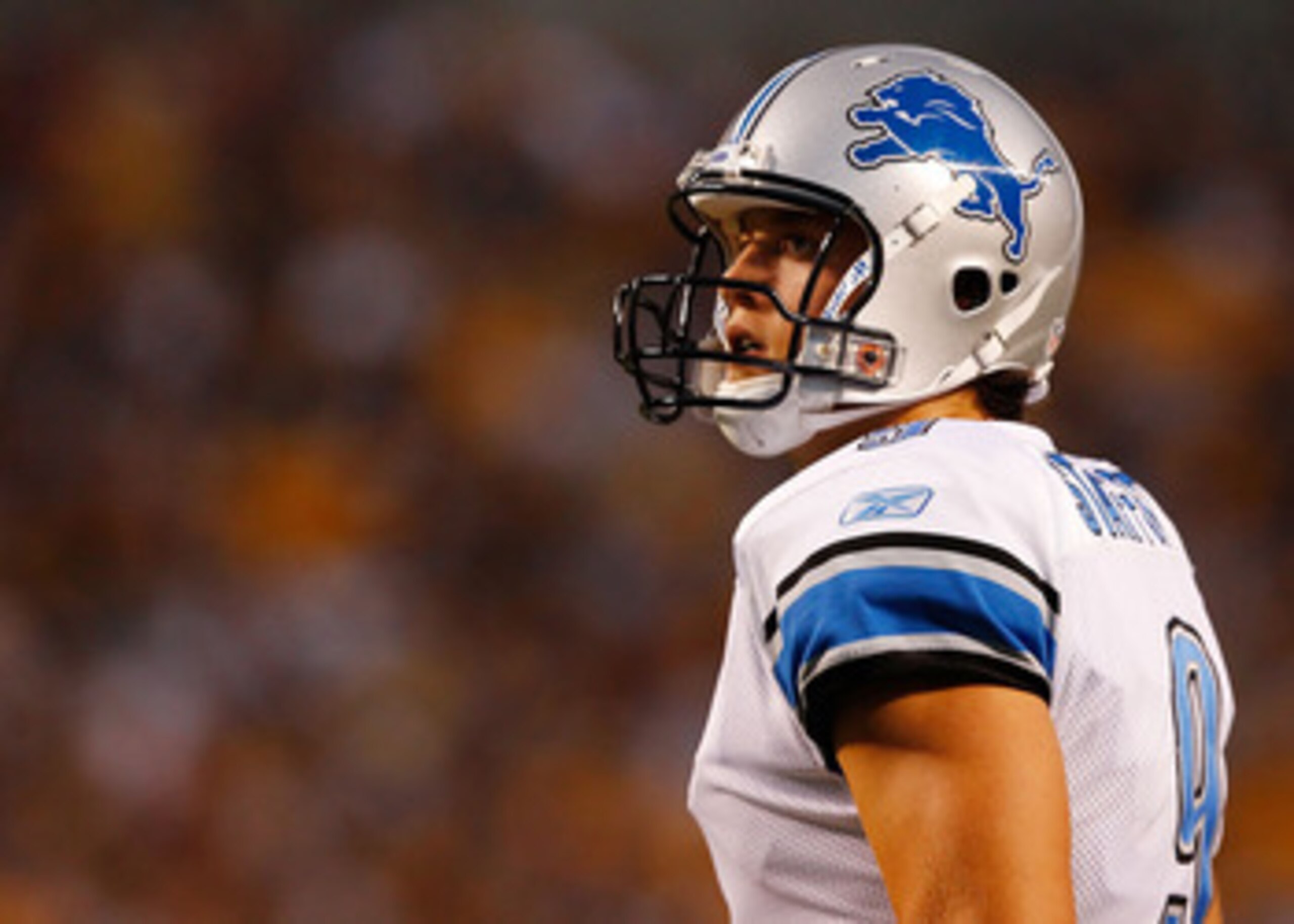 PITTSBURGH - AUGUST 14:  Matthew Stafford #9 of the Detroit Lions walks off of the field during the preseason game against the Pittsburgh Steelers on August 14, 2010 at Heinz Field in Pittsburgh, Pennsylvania. Steelers won 23-7.  (Photo by Jared Wickerham