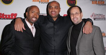 DENVER - FEBRUARY 18:  Kenny Smith, Charles Barkley and guest arrive at Kenny Smith's 2005 All-Star Party on February 18, 2005 in Denver, Colorado.  (Photo By Mark Mainz/Getty Images)