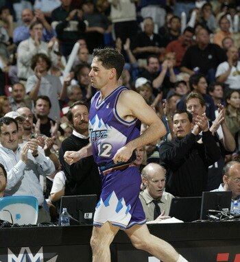 SACRAMENTO, CA - APRIL 30:  John Stockton #12 of the Utah Jazz exits the court in Game five of the Western Conference Quarterfinals against the Sacramento Kings during the 2003 NBA Playoffs at Arco Arena on April 30, 2003 in Sacramento, California.  The K