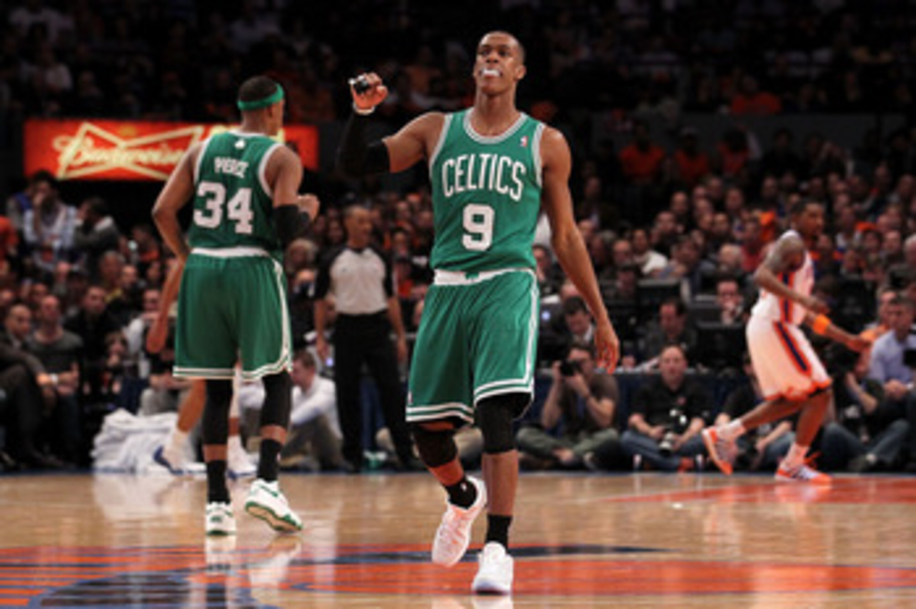 NEW YORK, NY - APRIL 22:  Rajon Rondo #9 of the Boston Celtics reacts against the New York Knicks in Game Three of the Eastern Conference Quarterfinals in the 2011 NBA Playoffs on April 22, 2011 at Madison Square Garden in New York City.  NOTE TO USER: Us