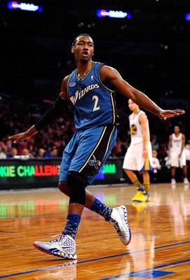 LOS ANGELES, CA - FEBRUARY 18:  John Wall #2 of the Washington Wizards and the Rookie Team reacts in the second half during the T-Mobile Rookie Challenge and Youth Jam at Staples Center on February 18, 2011 in Los Angeles, California.  (Photo by Kevork Dj