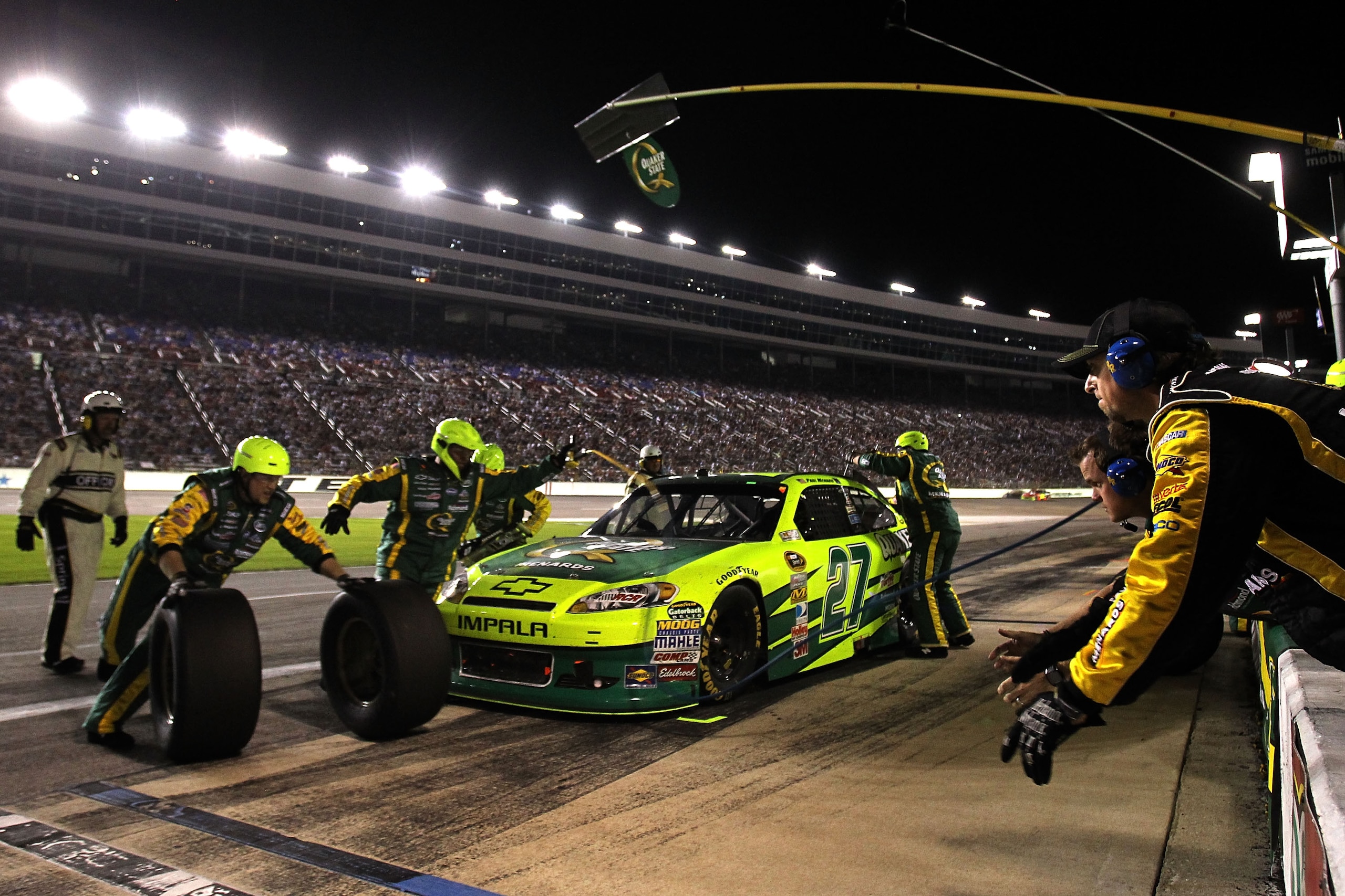 FORT WORTH, TX - APRIL 09: Paul Menard pits the #27 Quaker State/Menards Chevrolet during the NASCAR Sprint Cup Series Samsung Mobile 500 at Texas Motor Speedway on April 9, 2011 in Fort Worth, Texas. (Photo by Jason Smith/Getty Images for NASCAR) FORT WORTH, TX - APRIL 09: Paul Menard pits the #27 Quaker State/Menards Chevrolet during the NASCAR Sprint Cup Series Samsung Mobile 500 at Texas Motor Speedway on April 9, 2011 in Fort Worth, Texas. (Photo by Jason Smith/Getty Images for NASCAR)