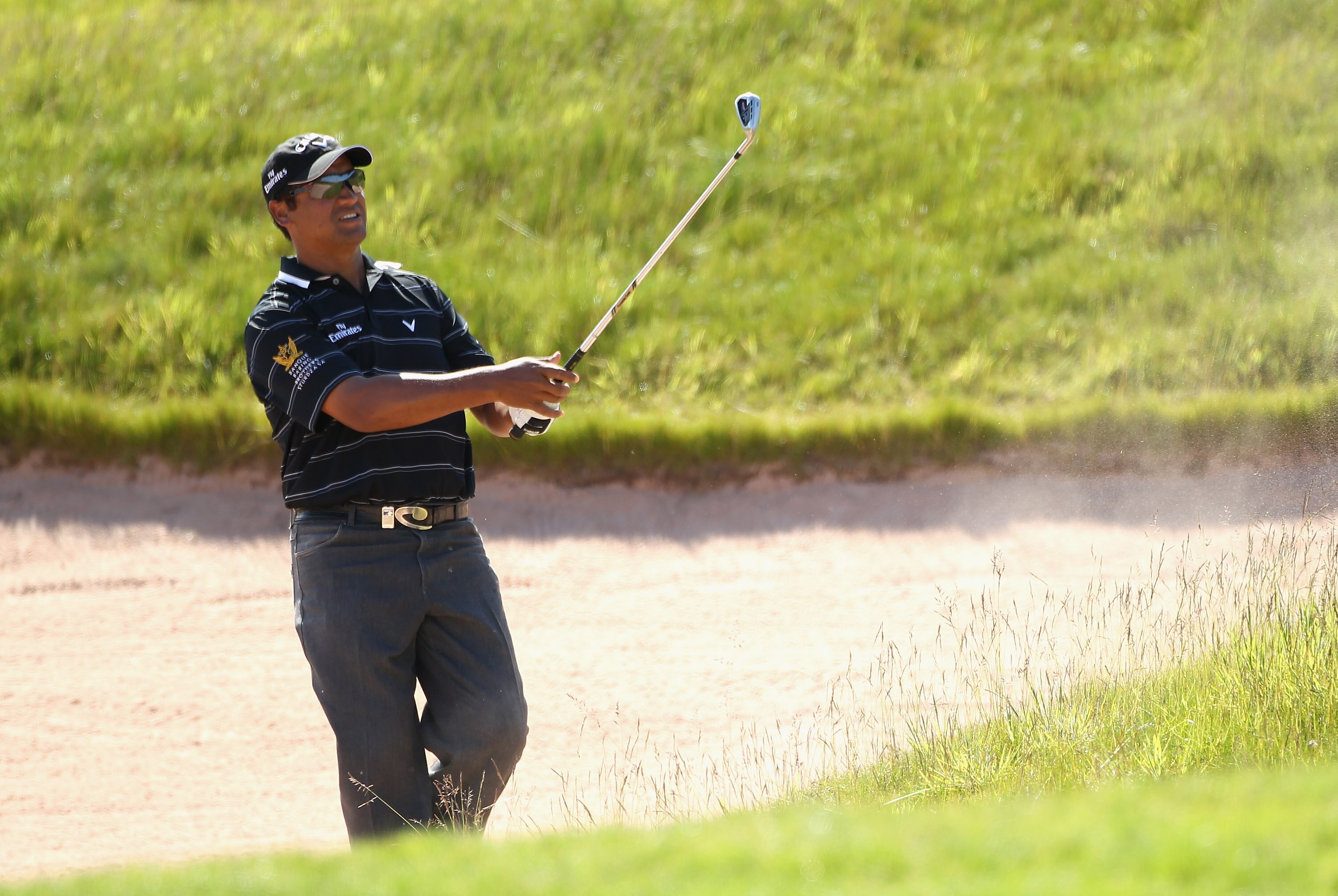NEWPORT, WALES - JUNE 02:  Michael Campbell of New Zealand plays out of a bunker during the first round of the Saab Wales Open on the Twenty Ten course at the Celtic Manor Resort on June 2, 2011 in Newport, Wales.  (Photo by Warren Little/Getty Images)