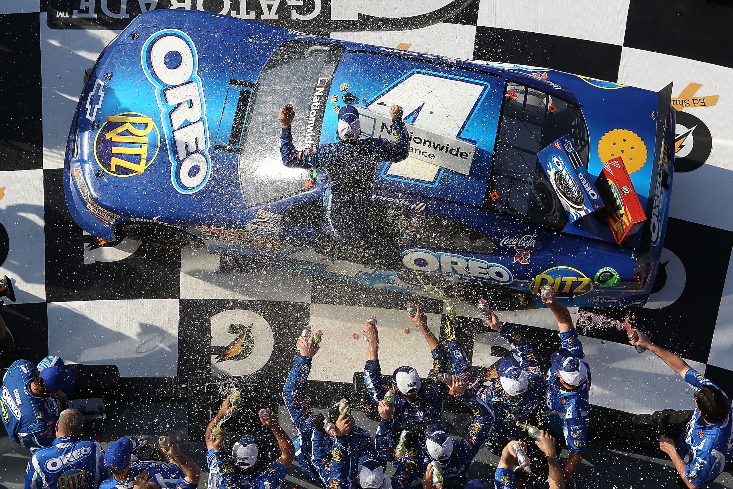 DAYTONA BEACH, FL - FEBRUARY 19: Tony Stewart, driver of the #4 Oreo/Ritz Chevrolet, celebrates in Victory Lane after winning the NASCAR Nationwide Series DRIVE4COPD 300 at Daytona International Speedway on February 19, 2011 in Daytona Beach, Florida. ( DAYTONA BEACH, FL - FEBRUARY 19: Tony Stewart, driver of the #4 Oreo/Ritz Chevrolet, celebrates in Victory Lane after winning the NASCAR Nationwide Series DRIVE4COPD 300 at Daytona International Speedway on February 19, 2011 in Daytona Beach, Florida. (