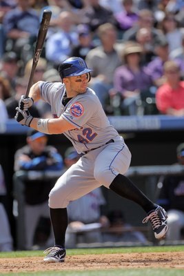 DENVER - APRIL 15:  Third baseman David Wright #42 of the New York Mets takes an at bat against the Colorado Rockies at Coors Field on April 15, 2010 in Denver, Colorado. All the players in MLB wore #42 today in honor of Jackie Robinson Day. The Mets defe