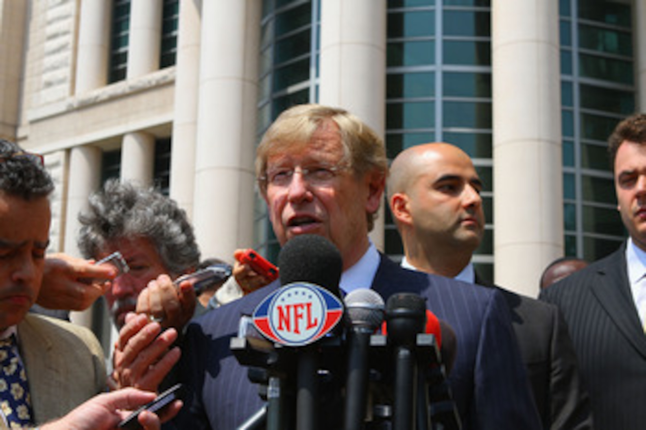 ST. LOUIS, MO - JUNE 3: Theodore Olson, lawyer for the National Football League Players Association (NFLPA), addresses the media outside the Thomas F. Eagleton U.S. Federal Courthouse after the NFL lockout hearing on June 3, 2011 in St. Louis, Missouri. N