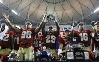 ATLANTA, GA - DECEMBER 31:  Head coach Jimbo Fisher and the Florida State Seminoles reacts after their 26-17 win over the South Carolina Gamecocks during the 2010 Chick-fil-A Bowl at Georgia Dome on December 31, 2010 in Atlanta, Georgia.  (Photo by Kevin 