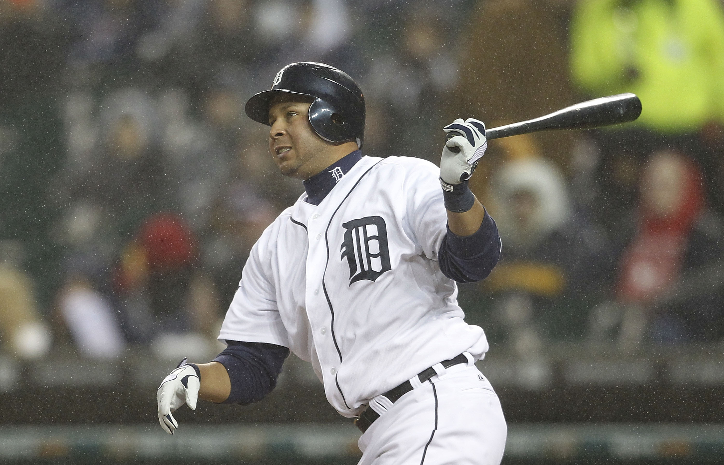 DETROIT - APRIL 22: Jhonny Peralta #27 of the Detroit Tigers triples to deep center field in the second inning scoring Miguel Cabrera (not in photo) during the game against the Chicago White Sox at Comerica Park on April 22, 2011 in Detroit, Michigan. The