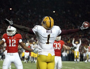 TUCSON, AZ - DECEMBER 02:  Wide receiver Mike Willie #1 of the Arizona State Sun Devils celebrates after scoring a touchdown reception during the college football game at Arizona Stadium on December 2, 2010 in Tucson, Arizona. The Sun Devils defeated the