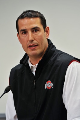 COLUMBUS, OH - MARCH 30:  Assistant Head Coach Luke Fickell speaks to the media during a press conference before the start of Spring practices at the Woody Hayes Athletic Center at The Ohio State University on March 30, 2011 in Columbus, Ohio. Fickell wil