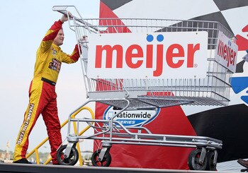 SPARTA, KY - JUNE 12:  Kenny Wallace, driver of the #28 Tom Gill Chevrolet Chevrolet, jokes with the crowd as he is introduced before the NASCAR Nationwide Series Meijer 300 presented by Ritz at Kentucky Speedway on June 12, 2010 in Sparta, Kentucky.  (Ph