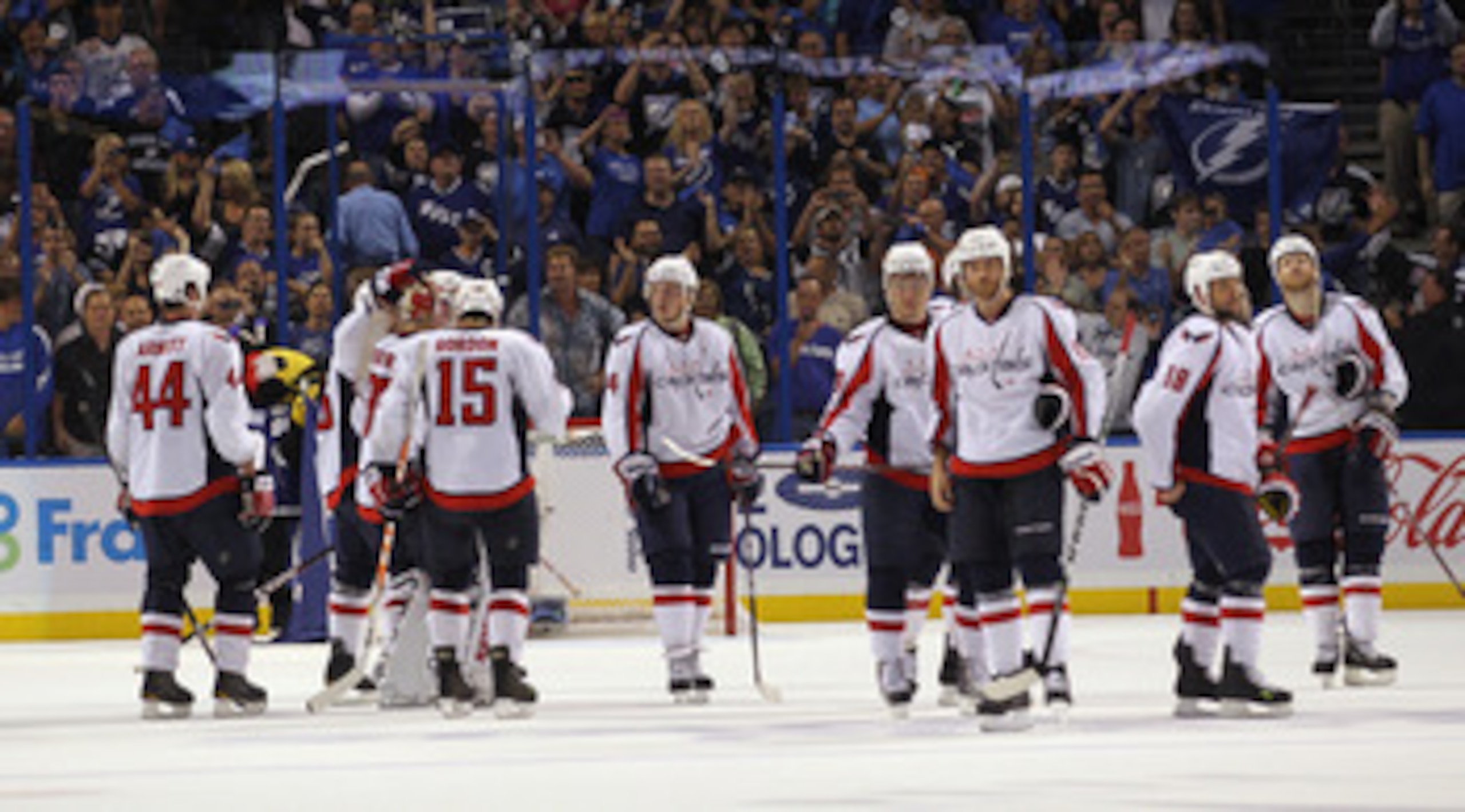 TAMPA, FL - MAY 04: The Washington Capitals line up to shake hands with the Tampa Bay Lightning following defeat in Game Four of the Eastern Conference Semifinals during the 2011 NHL Stanley Cup Playoffs at the St Pete Times Forum on May 4, 2011 in Tampa,