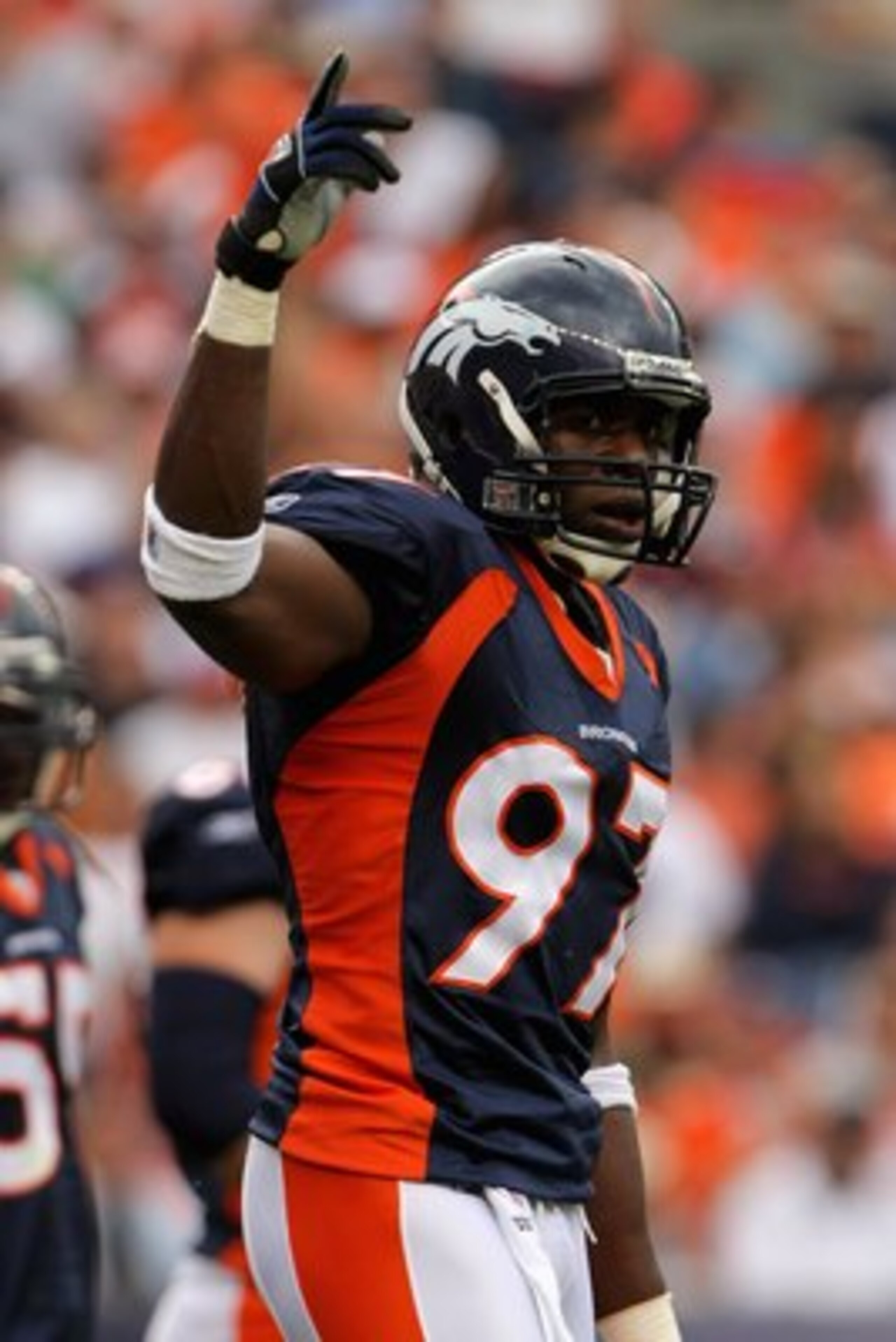 DENVER - SEPTEMBER 23:  Simeon Rice #97 of the Denver Broncos reacts during the game against the Jacksonville Jaguars at Invesco Field at Mile High on September 23, 2007 in Denver, Colorado. The Jaguars won 23-14. (Photo by Doug Pensinger/Getty Images)