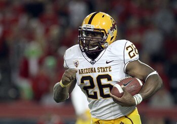 TUCSON, AZ - DECEMBER 02:  Runningback Cameron Marshall #26 of the Arizona State Sun Devils runs with the football during the college football game at Arizona Stadium on December 2, 2010 in Tucson, Arizona. The Sun Devils defeated the Wildcats 30-29 in do
