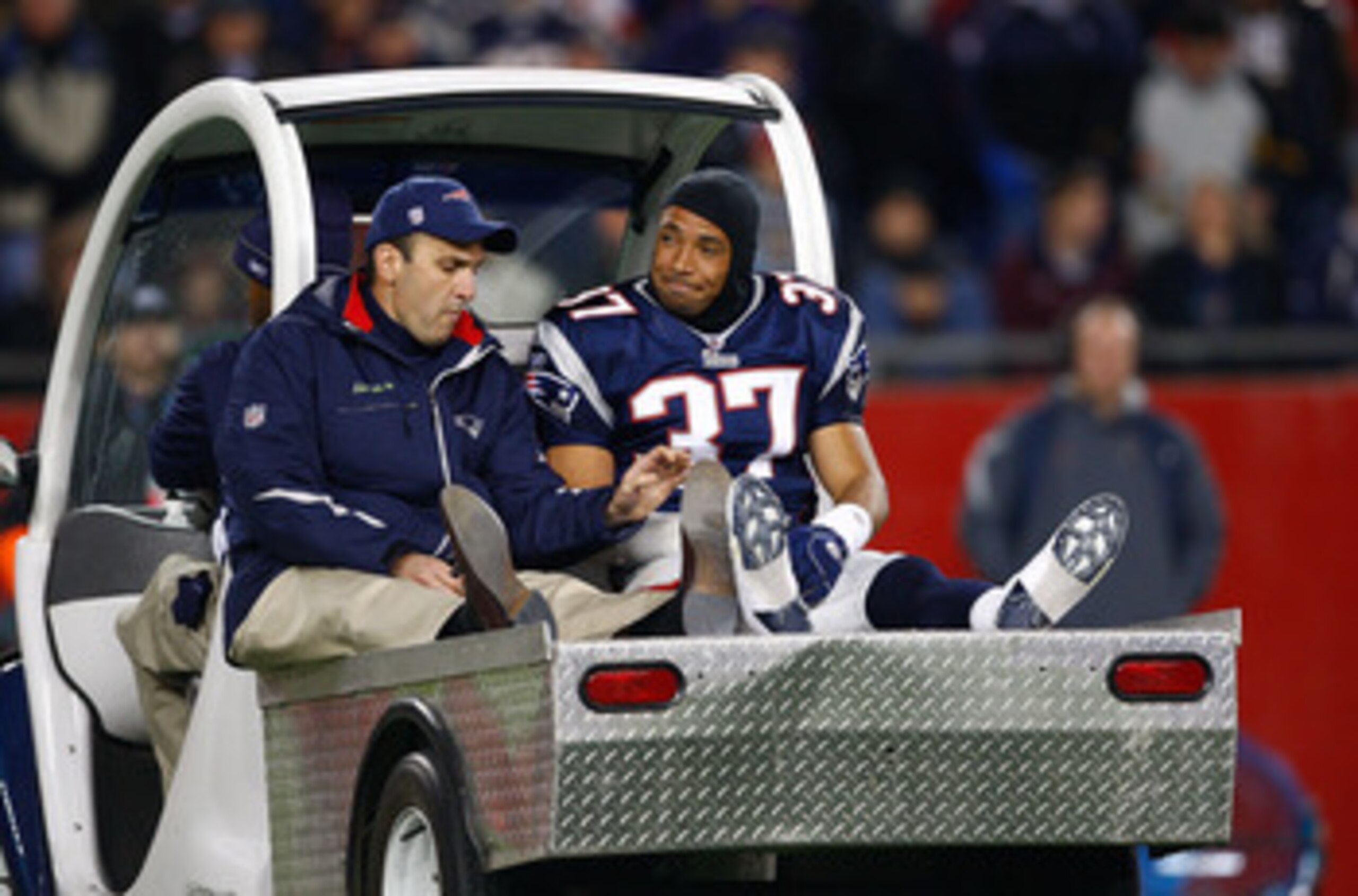 FOXBORO, MA - OCTOBER 20: Rodney Harrison #37 of the New England Patriots is taken off the field after being injured against the Denver Broncos at Gillette Stadium on October 20, 2008 in Foxboro, Massachusetts. The Paytiots won 41-7. (Photo by Jim Rogash/
