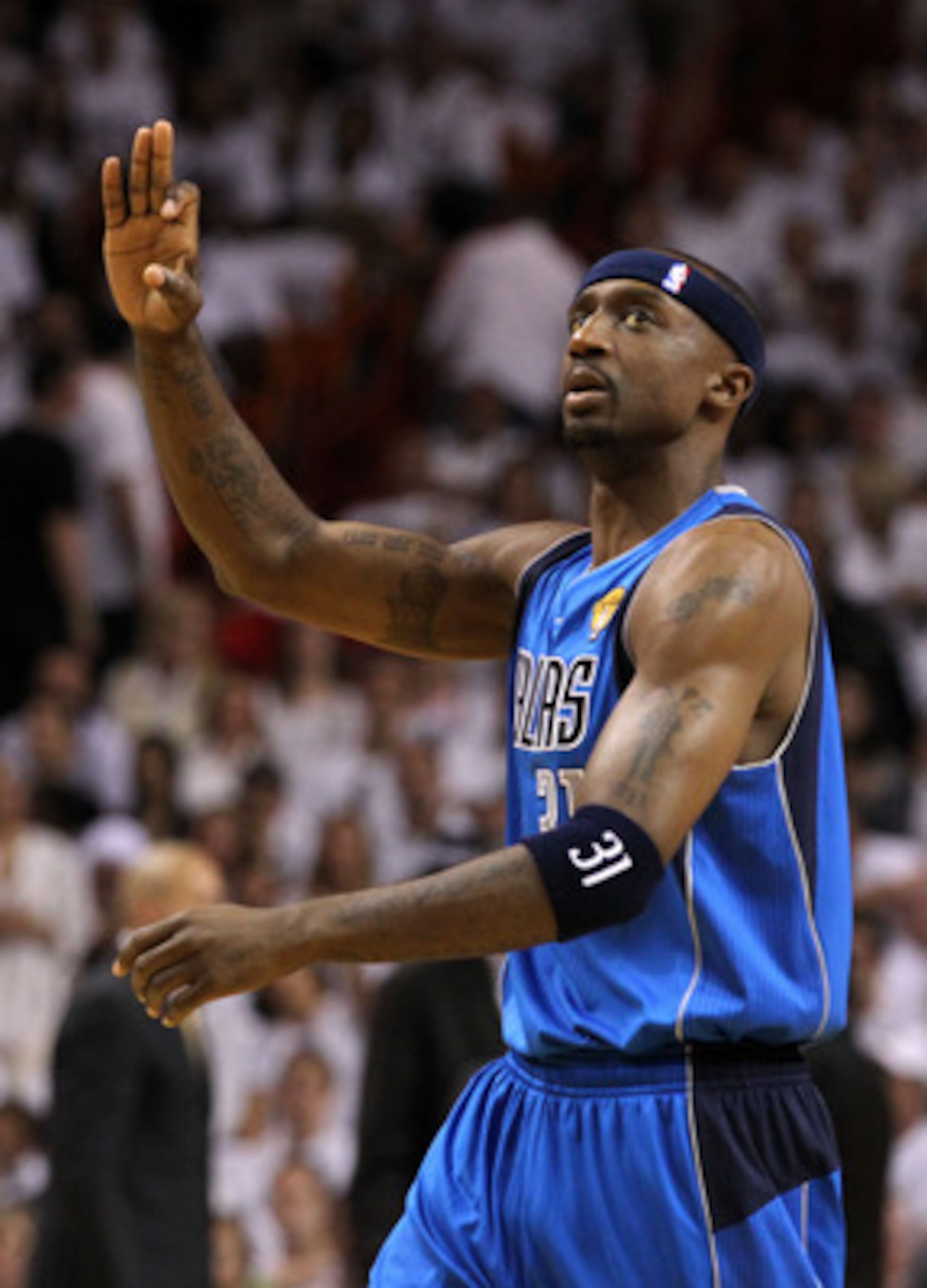 MIAMI, FL - JUNE 12:  Jason Terry #31 of the Dallas Mavericks gesrues on court against the Miami Heat in the first half of Game Six of the 2011 NBA Finals at American Airlines Arena on June 12, 2011 in Miami, Florida. NOTE TO USER: User expressly acknowle