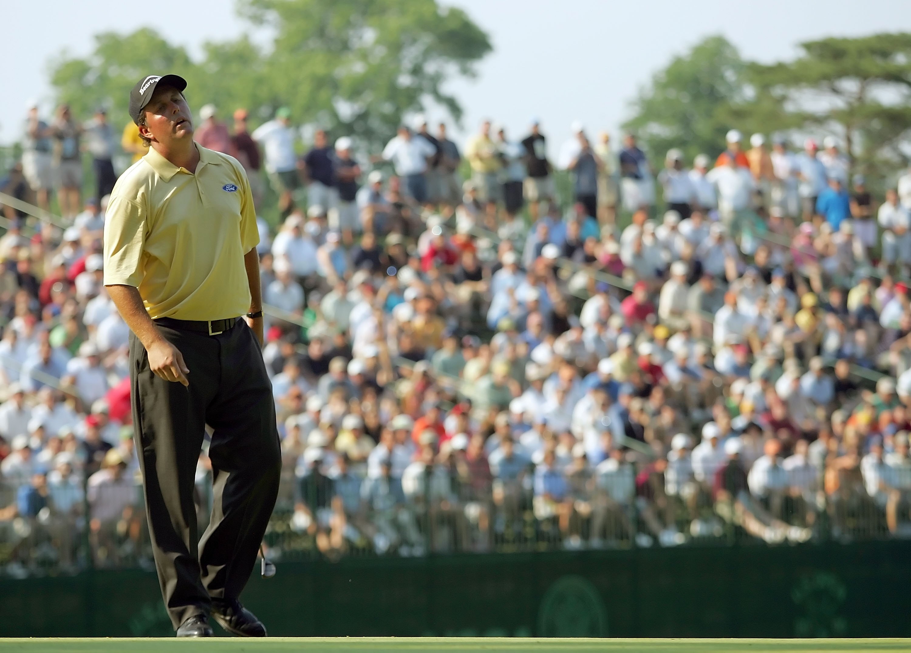 MAMARONECK, NY - JUNE 18: Phil Mickelson reacts to a missed putt during the final round of the 2006 US Open Championship at Winged Foot Golf Club on June 18, 2006 in Mamaroneck, New York. Geoff Ogilvy won the US Open with a one stroke victory. (Photo by MAMARONECK, NY - JUNE 18: Phil Mickelson reacts to a missed putt during the final round of the 2006 US Open Championship at Winged Foot Golf Club on June 18, 2006 in Mamaroneck, New York. Geoff Ogilvy won the US Open with a one stroke victory. (Photo by