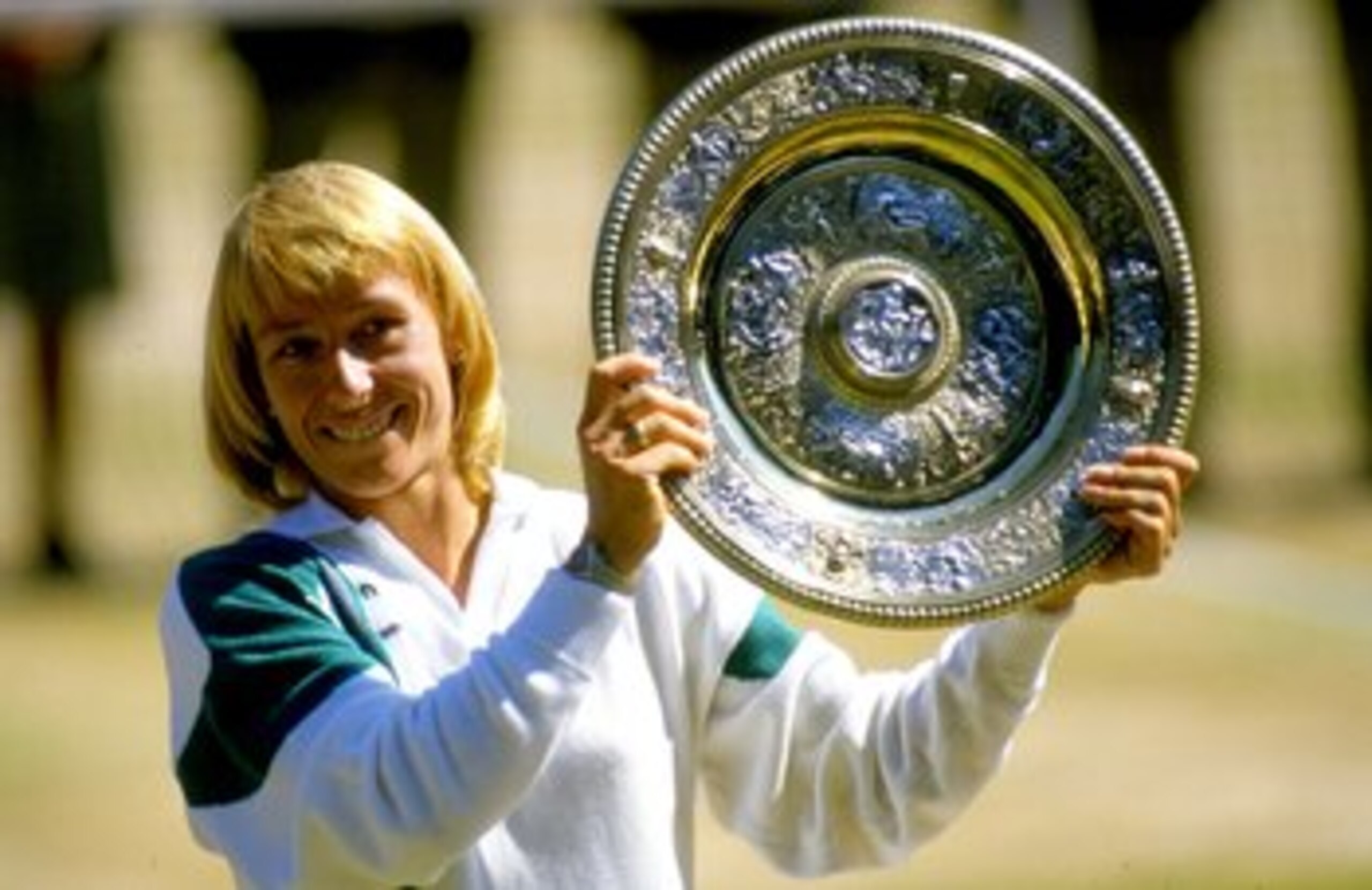 Jul 1987:  Martina Navratilova of the USA holds up the winner plate after winning the Wimbledon Championships played at Wimbledon, London, England.  \ Mandatory Credit: Allsport UK /Allsport