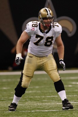 NEW ORLEANS - OCTOBER 24:  Jon Stinchcomb #78 of the New Orleans Saints in action during the game against the Cleveland Browns at the Louisiana Superdome on October 24, 2010 in New Orleans, Louisiana.  (Photo by Chris Graythen/Getty Images)