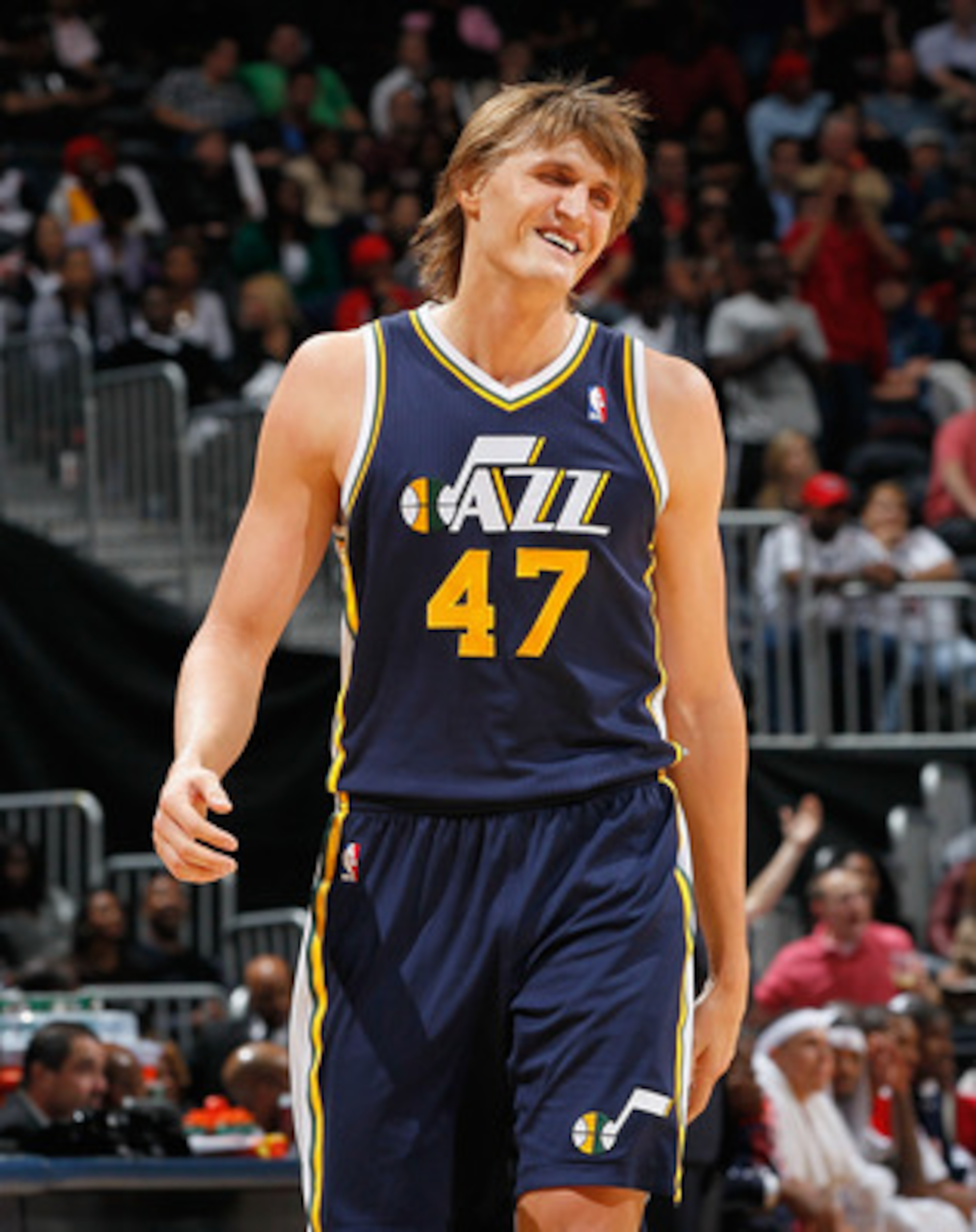 ATLANTA - NOVEMBER 12: Andrei Kirilenko #47 of the Utah Jazz against the Atlanta Hawks at Philips Arena on November 12, 2010 in Atlanta, Georgia. NOTE TO USER: User expressly acknowledges and agrees that, by downloading and/or using this Photograph, Use ATLANTA - NOVEMBER 12: Andrei Kirilenko #47 of the Utah Jazz against the Atlanta Hawks at Philips Arena on November 12, 2010 in Atlanta, Georgia. NOTE TO USER: User expressly acknowledges and agrees that, by downloading and/or using this Photograph, Use