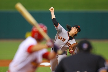 ST. LOUIS, MO - JUNE 1: Starter Tim Lincecum #55 of the San Francisco Giants pitches against the St. Louis Cardinals at Busch Stadium on June 1, 2011 in St. Louis, Missouri.  (Photo by Dilip Vishwanat/Getty Images)
