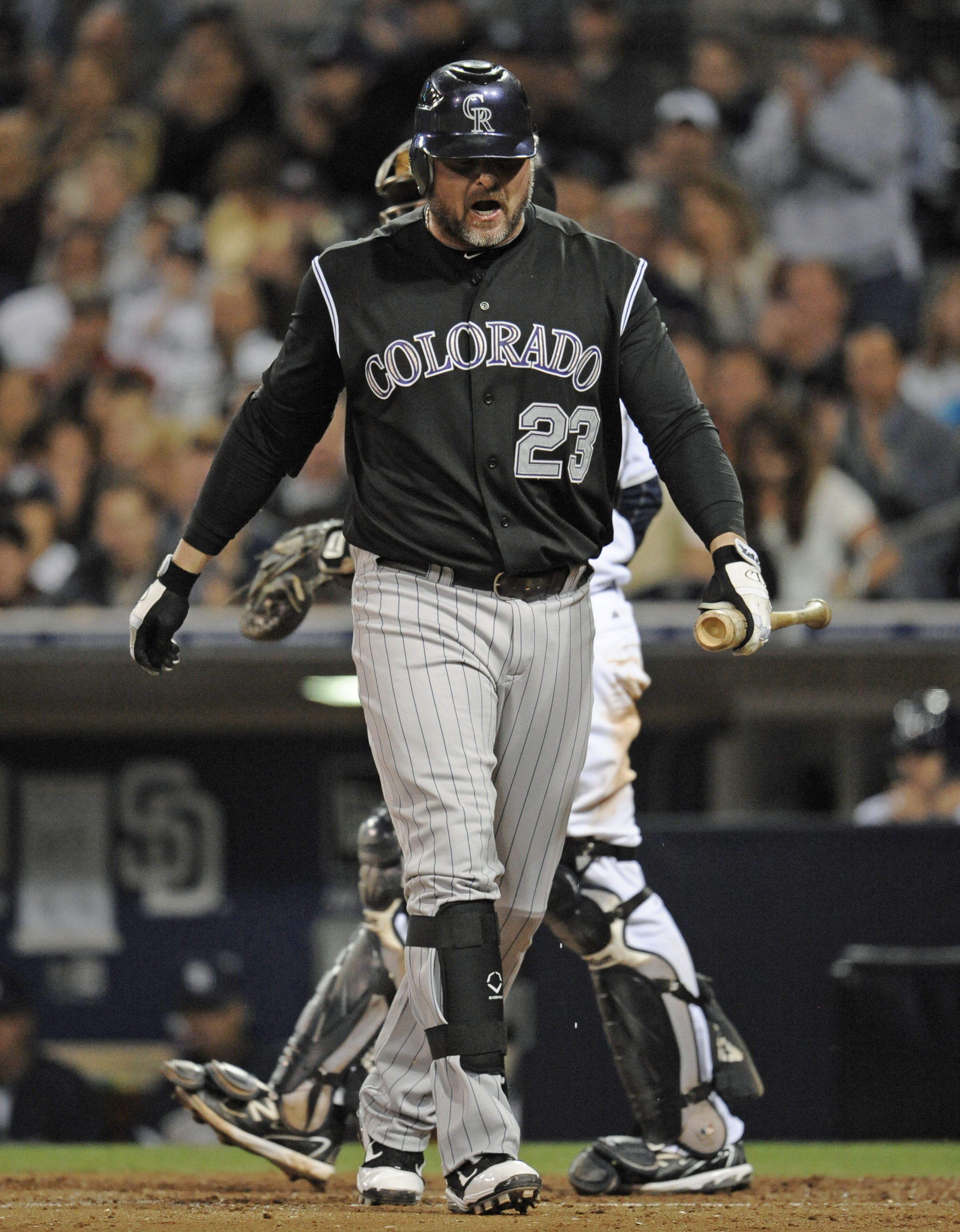 SAN DIEGO, CA - JUNE 7: Jason Giambi #23 of the Colorado Rockies reacts after striking out during the ninth inning of a baseball game against the San Diego Padres at Petco Park on June 7, 2011 in San Diego, California.The Padres won 2-0.   (Photo by Denis