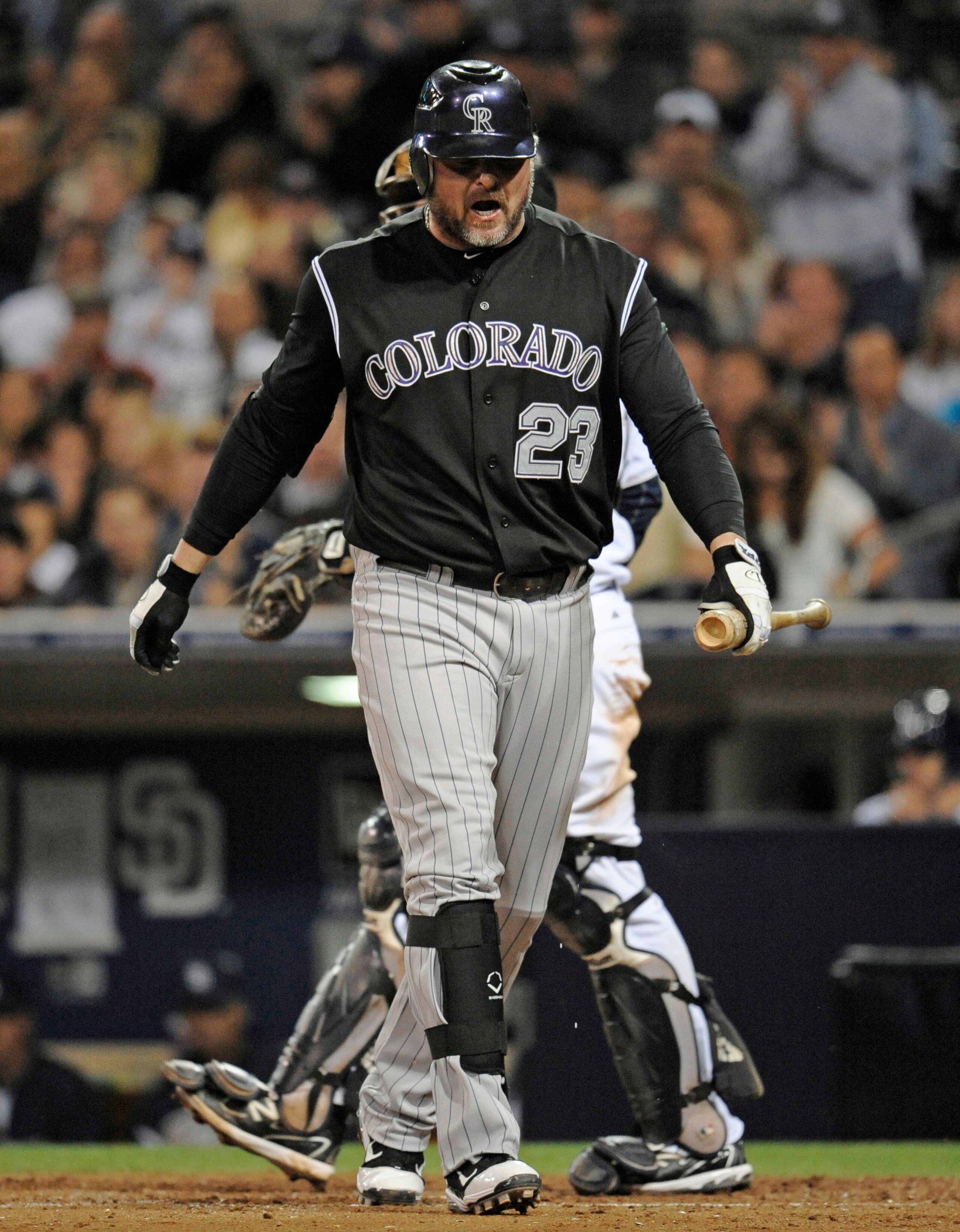 SAN DIEGO, CA - JUNE 7: Jason Giambi #23 of the Colorado Rockies reacts after striking out during the ninth inning of a baseball game against the San Diego Padres at Petco Park on June 7, 2011 in San Diego, California.The Padres won 2-0.   (Photo by Denis