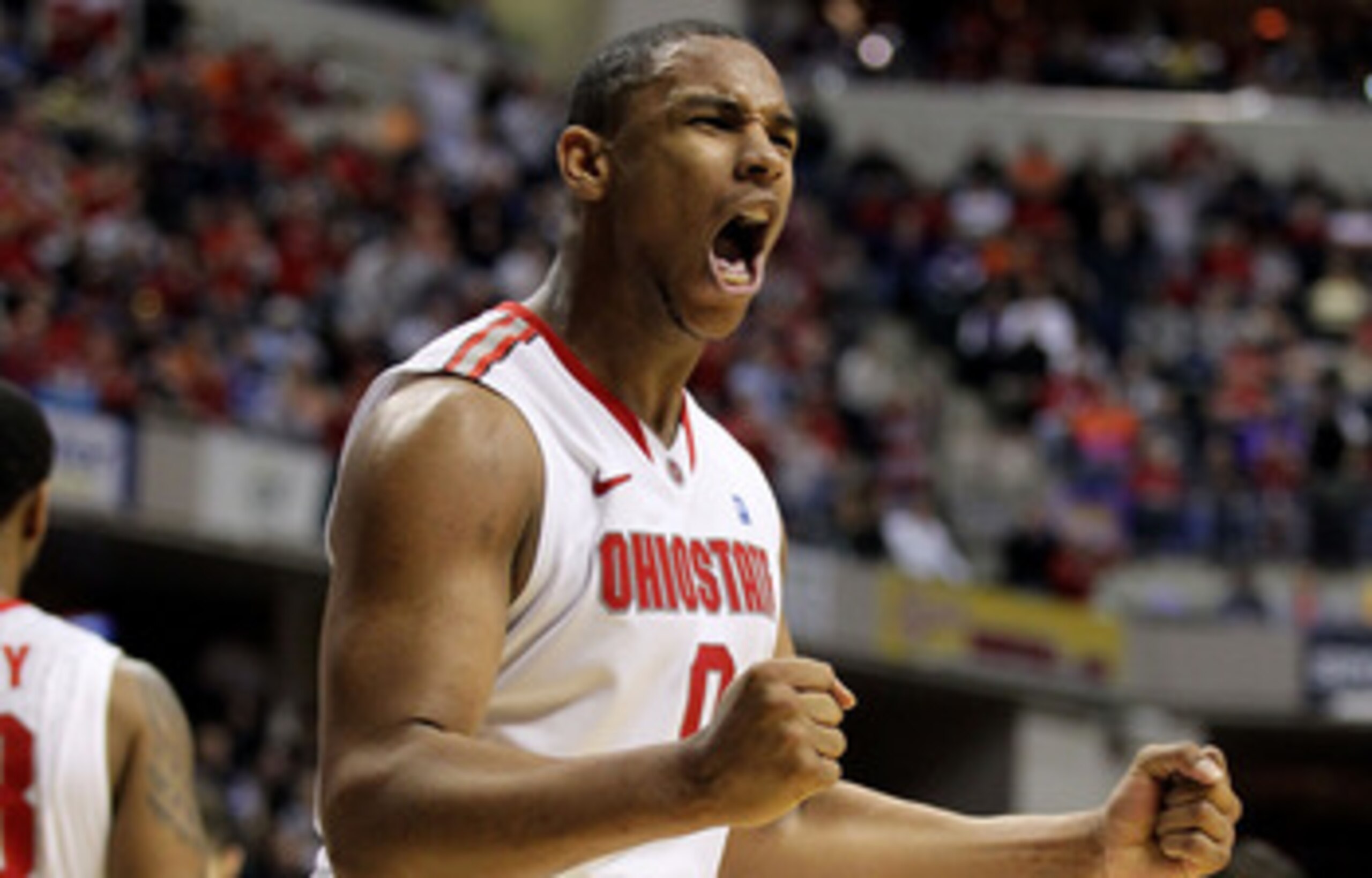 INDIANAPOLIS, IN - MARCH 11:  Jared Sullinger #0 of the Ohio State Buckeyes reacts in the second half against the Northwestern Wildcats during the quarterfinals of the 2011 Big Ten Men's Basketball Tournament at Conseco Fieldhouse on March 11, 2011 in Ind