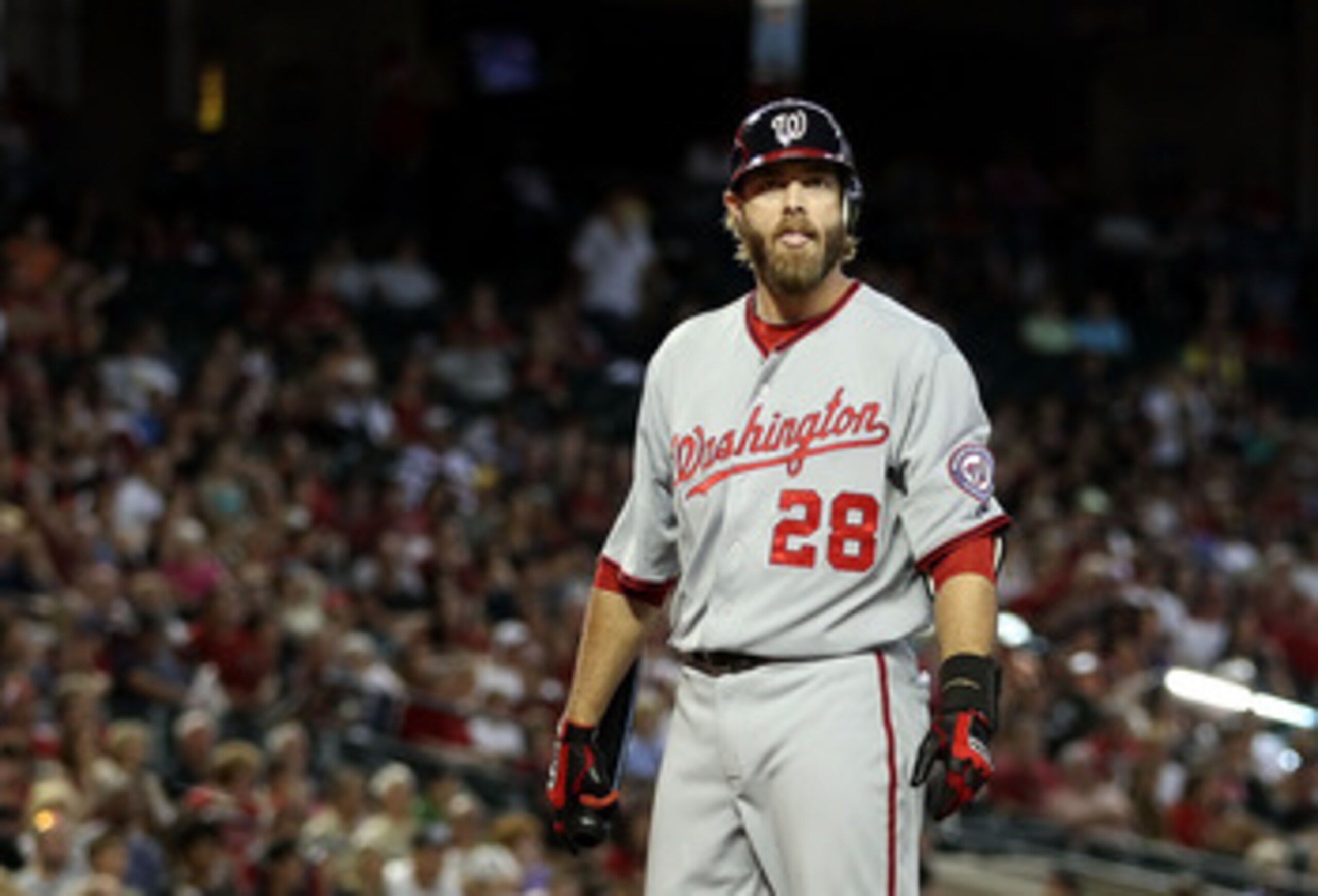 PHOENIX, AZ - JUNE 05:  Jayson Werth #28 of the Washington Nationals looks to his bench as he bats against the Arizona Diamondbacks during the Major League Baseball game at Chase Field on June 5, 2011 in Phoenix, Arizona. The Nationals defeated the Diamon