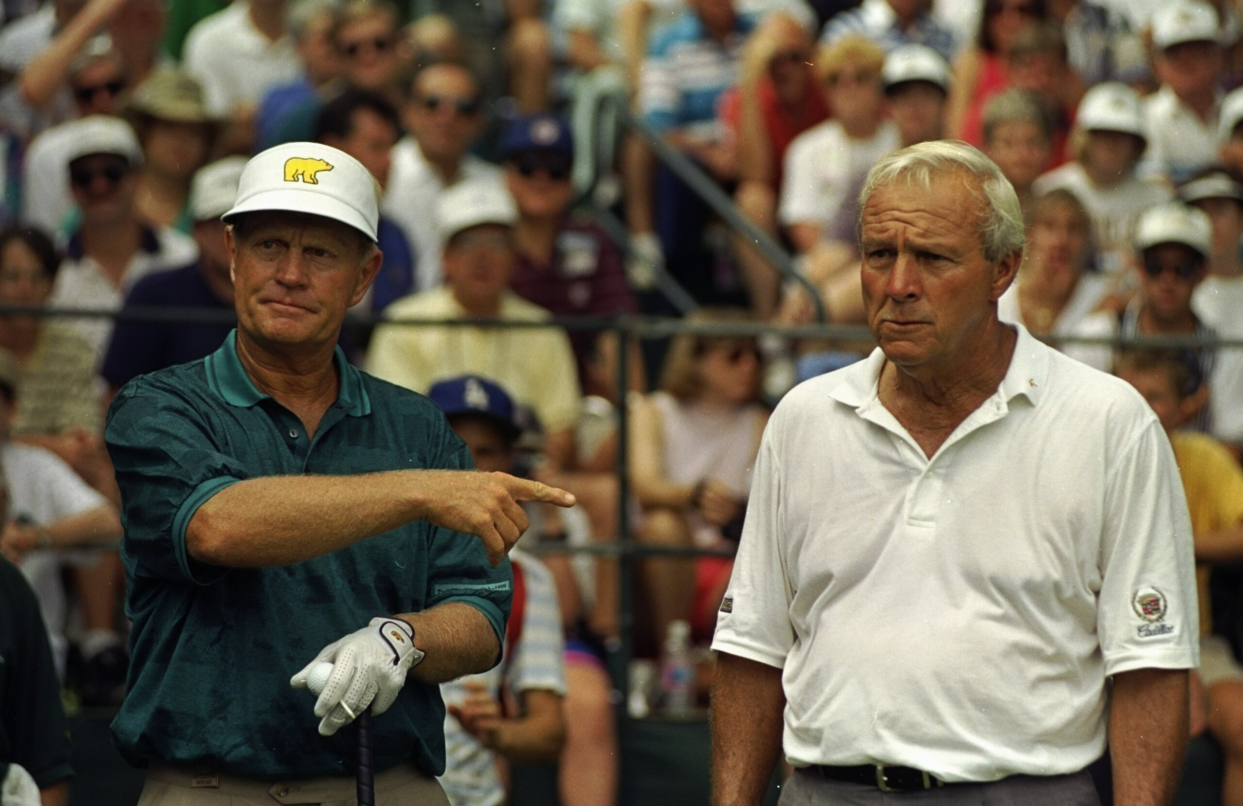1993:  Jack Nicklaus of the USA points to Arnold Palmer also of the USA during the US Open at Oakmont Country Club in Pennsylvania, USA. \ Mandatory Credit: Gary  Newkirk/Allsport