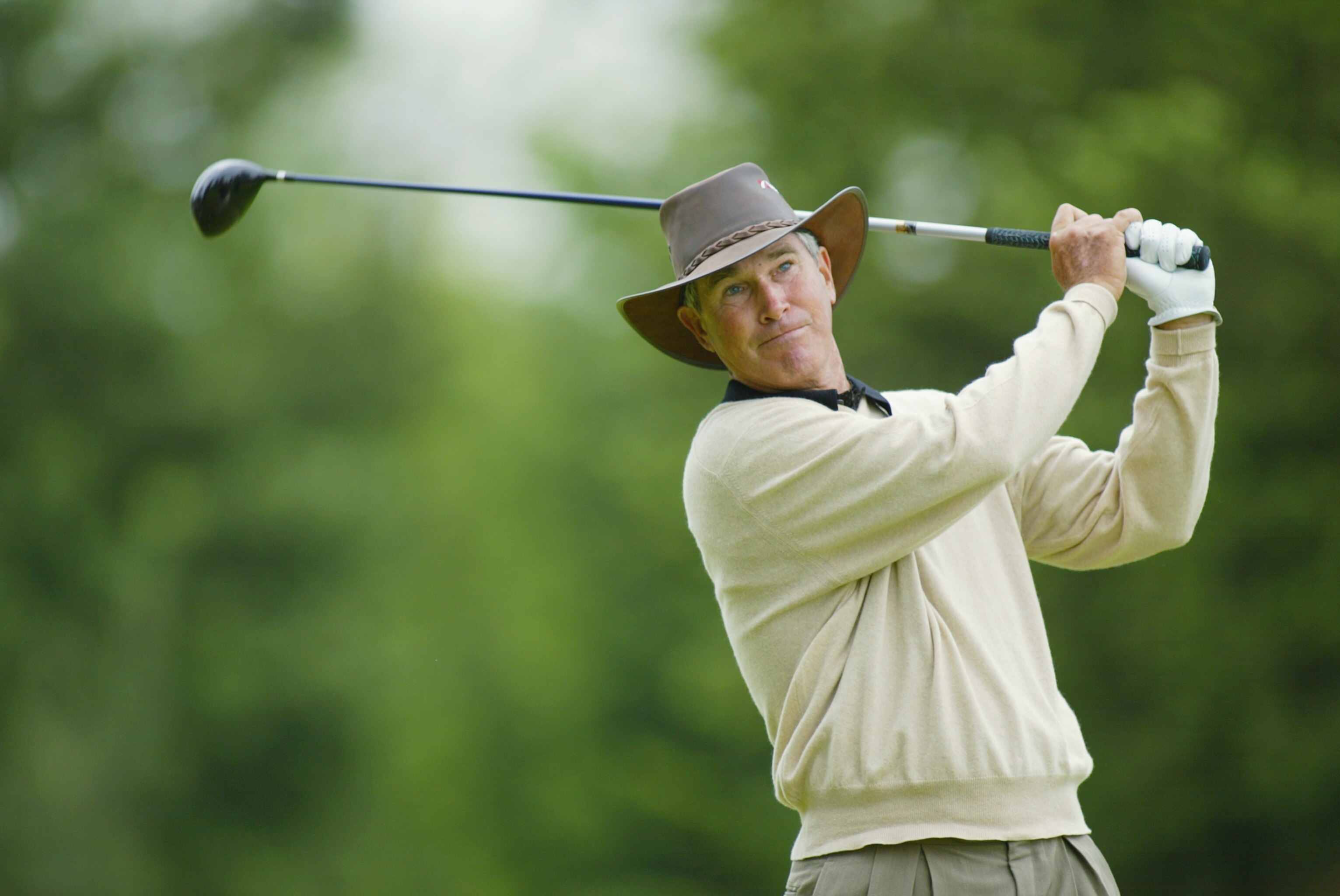 AKRON, OHIO - JUNE 6:  Hubert Green hits a shot on June 6, 2002 during the first round of the Senior PGA Championship at Firestone CC in Akron.  (Photo By Scott Halleran/Getty Images)