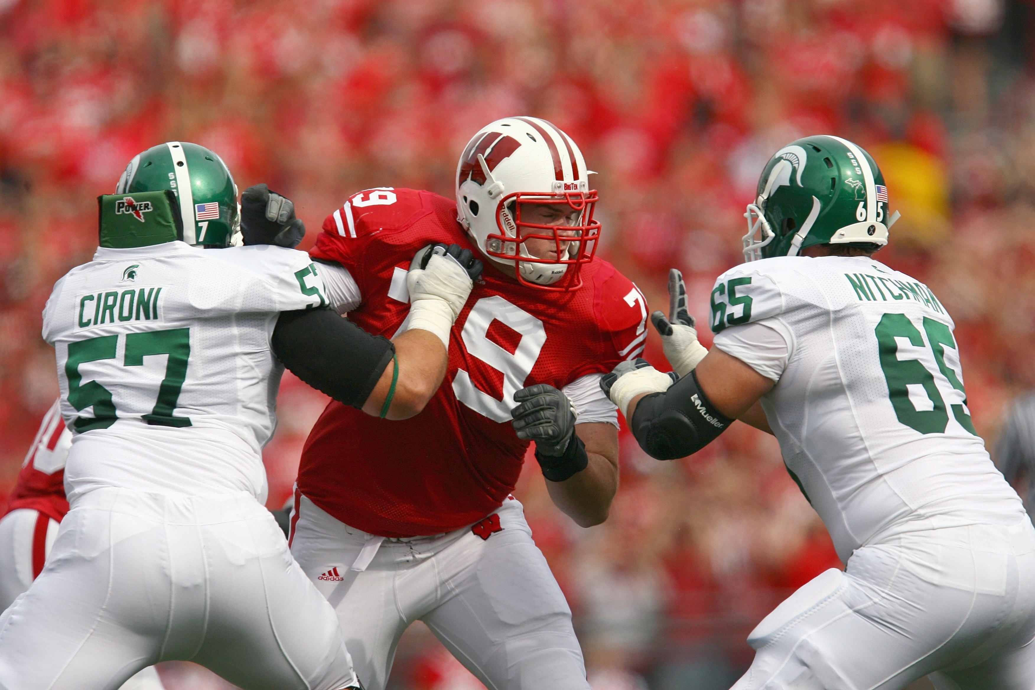 MADISON, WI - SEPTEMBER 26: Jeff Stehle #79 of the Wisconsin Badgers moves off the line against the Michigan State Spartans on September 26, 2009 at Camp Randall Stadium in Madison, Wisconsin. (Photo by Jonathan Daniel/Getty Images) MADISON, WI - SEPTEMBER 26: Jeff Stehle #79 of the Wisconsin Badgers moves off the line against the Michigan State Spartans on September 26, 2009 at Camp Randall Stadium in Madison, Wisconsin. (Photo by Jonathan Daniel/Getty Images)