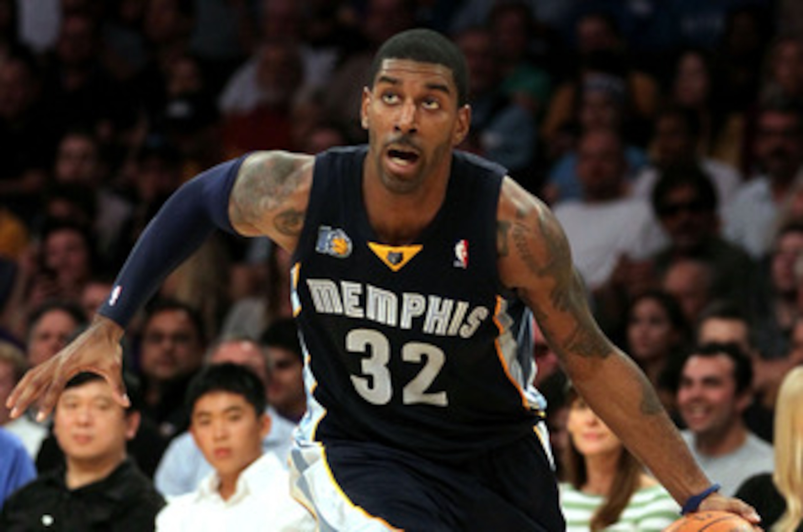 LOS ANGELES, CA - NOVEMBER 02:  O.J. Mayo #32 of the Memphis Grizzlies drives the ball against the Los Angeles Lakers during the game at Staples Center on November 2, 2010 in Los Angeles, California. The Lakers defeated the Grizzlies 124-105. NOTE TO USER