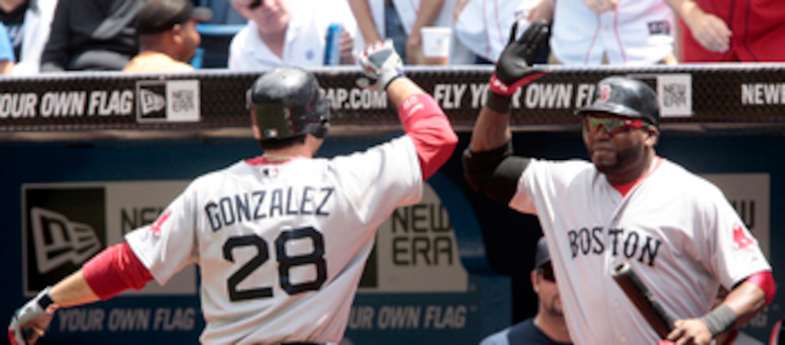 TORONTO, CANADA - JUNE 12: Adrian Gonzalez #28 and David Ortiz #34 of the Boston Red Sox celebrate a home run during MLB action against the Toronto Blue Jays at The Rogers Centre June 12, 2011 in Toronto, Ontario, Canada. (Photo by Abelimages/Getty Image TORONTO, CANADA - JUNE 12: Adrian Gonzalez #28 and David Ortiz #34 of the Boston Red Sox celebrate a home run during MLB action against the Toronto Blue Jays at The Rogers Centre June 12, 2011 in Toronto, Ontario, Canada. (Photo by Abelimages/Getty Image