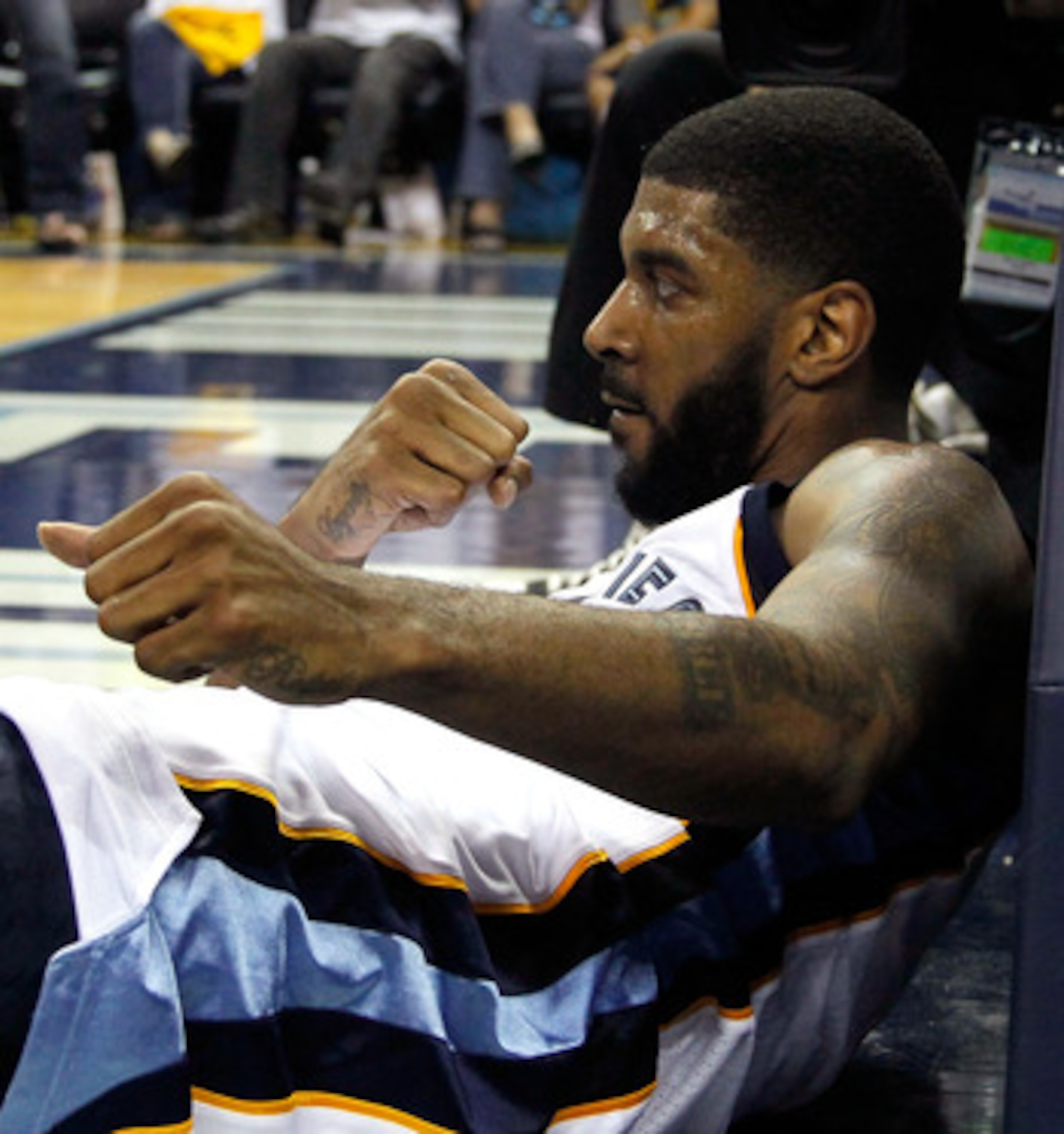 MEMPHIS, TN - MAY 13:  O.J. Mayo #32 of the Memphis Grizzlies reacts after making a basket and drawing a foul from the Oklahoma City Thunder in Game Six of the Western Conference Semifinals in the 2011 NBA Playoffs at FedExForum on May 13, 2011 in Memphis