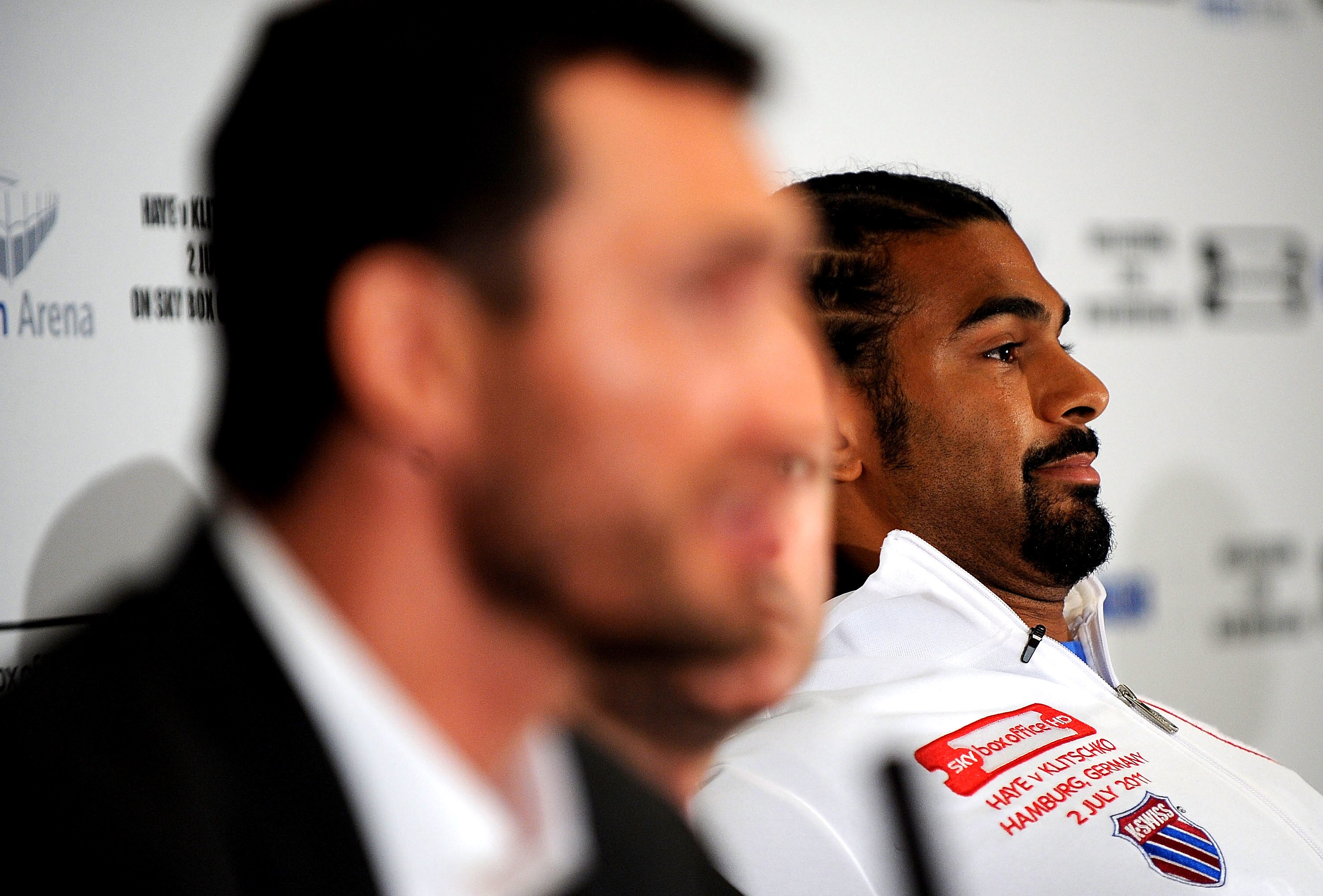 LONDON, ENGLAND - MAY 10:  David Haye listens to Wladimir Klitschko during the David Haye v Wladimir Klitschko Press Conference at the Park Plaza Hotel on May 10, 2011 in London, England.  (Photo by Christopher Lee/Getty Images)